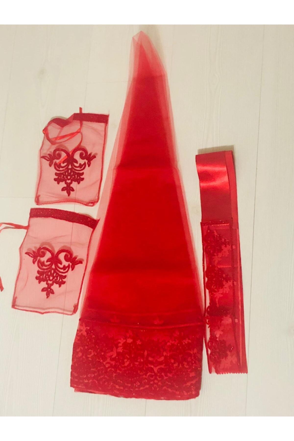 Işık Tekstil Simli Gelin Duvağı Fransız Baskılı Kırmızı Kına Örtüsü + Kuşak