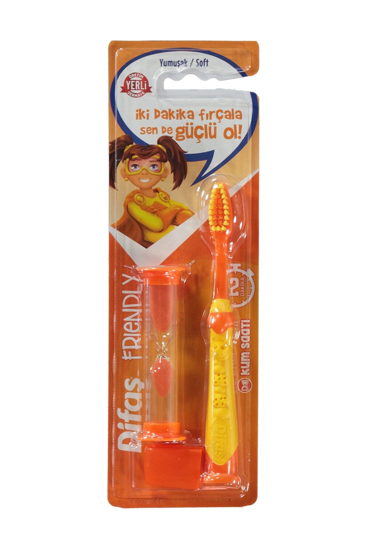 Difaş Friendly Çocuk Diş Fırçası Yumuşak + Kum Saati Hediyeli Sarı
