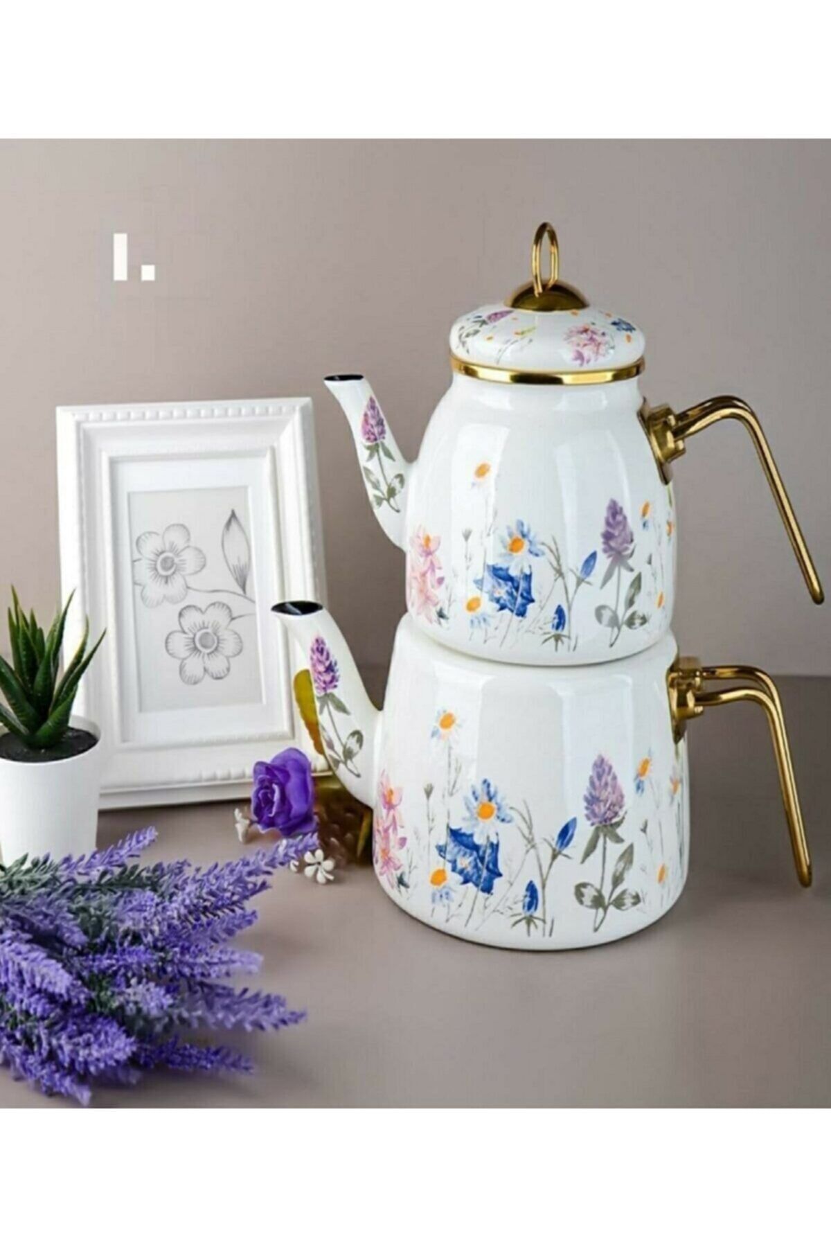 Bayev Papatya Emaye Çaydanlık Bahar Desen - Şık Çiçekli Tasarım Çaydanlık
