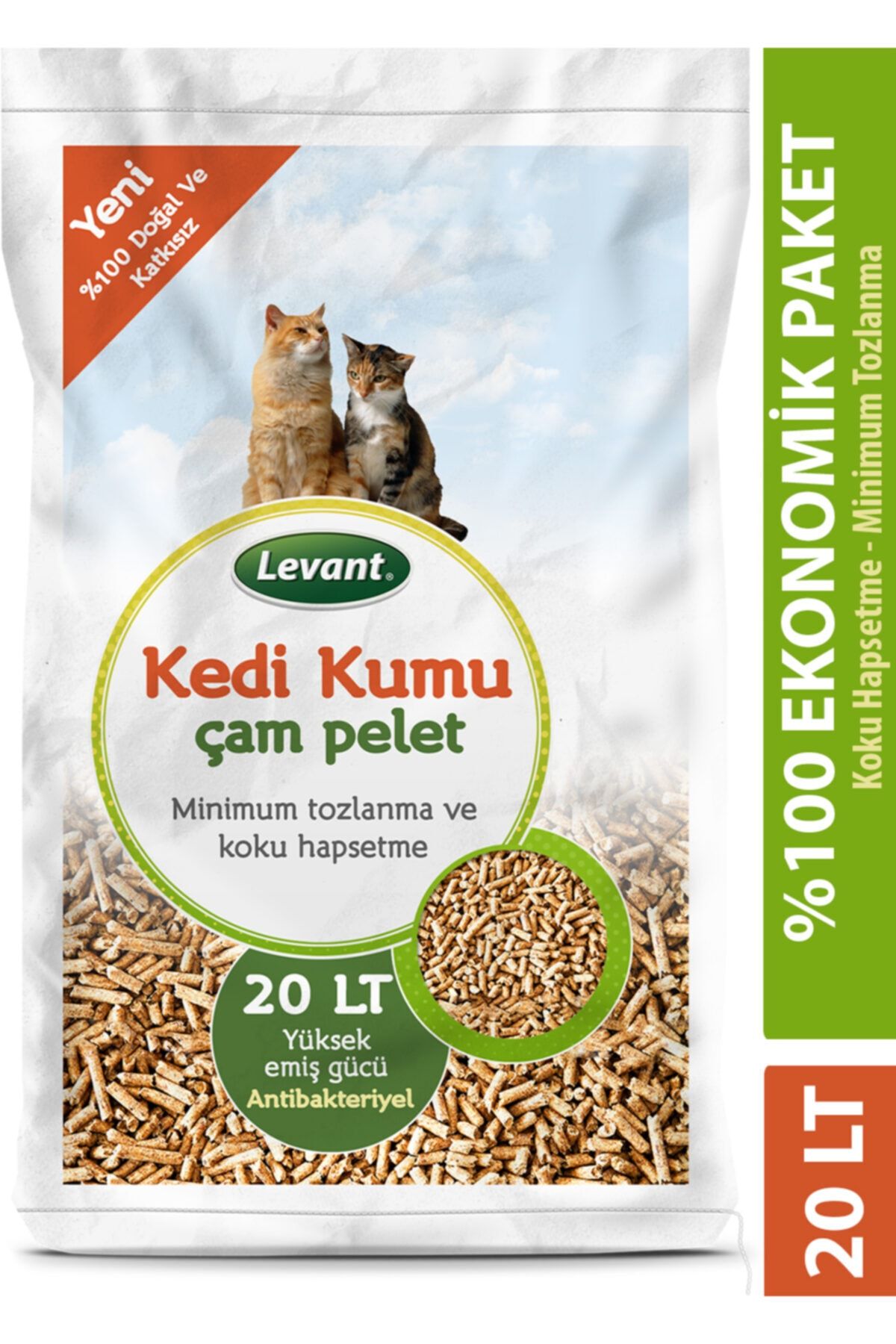 LEVANT Kedi Kumu Çam Peleti Ekonomik Paket %100 Organik Ağaç Kokulu 20 Lt