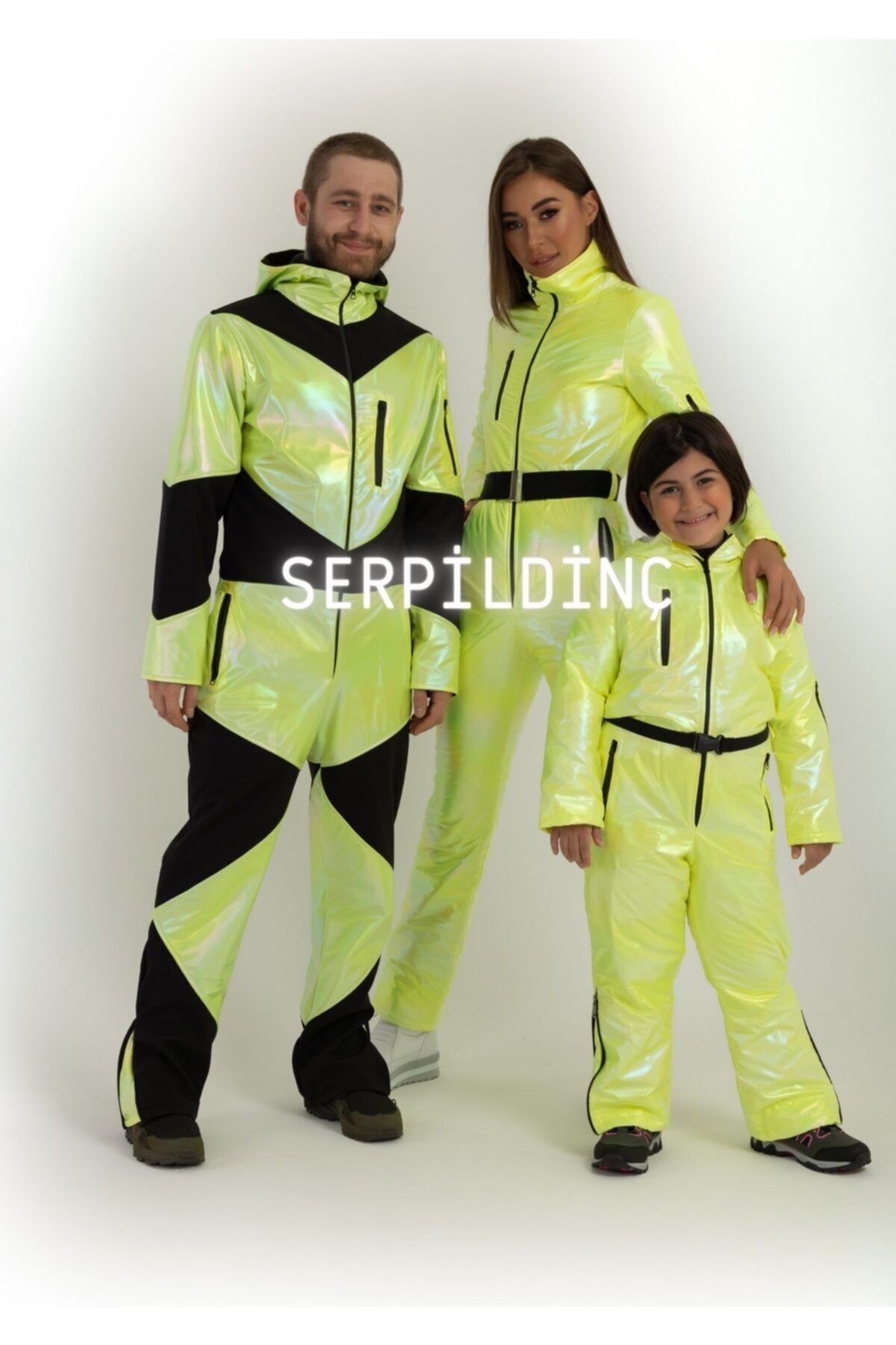 serpildinc Hologramlı Neon Sarı Aile Kombini Takım