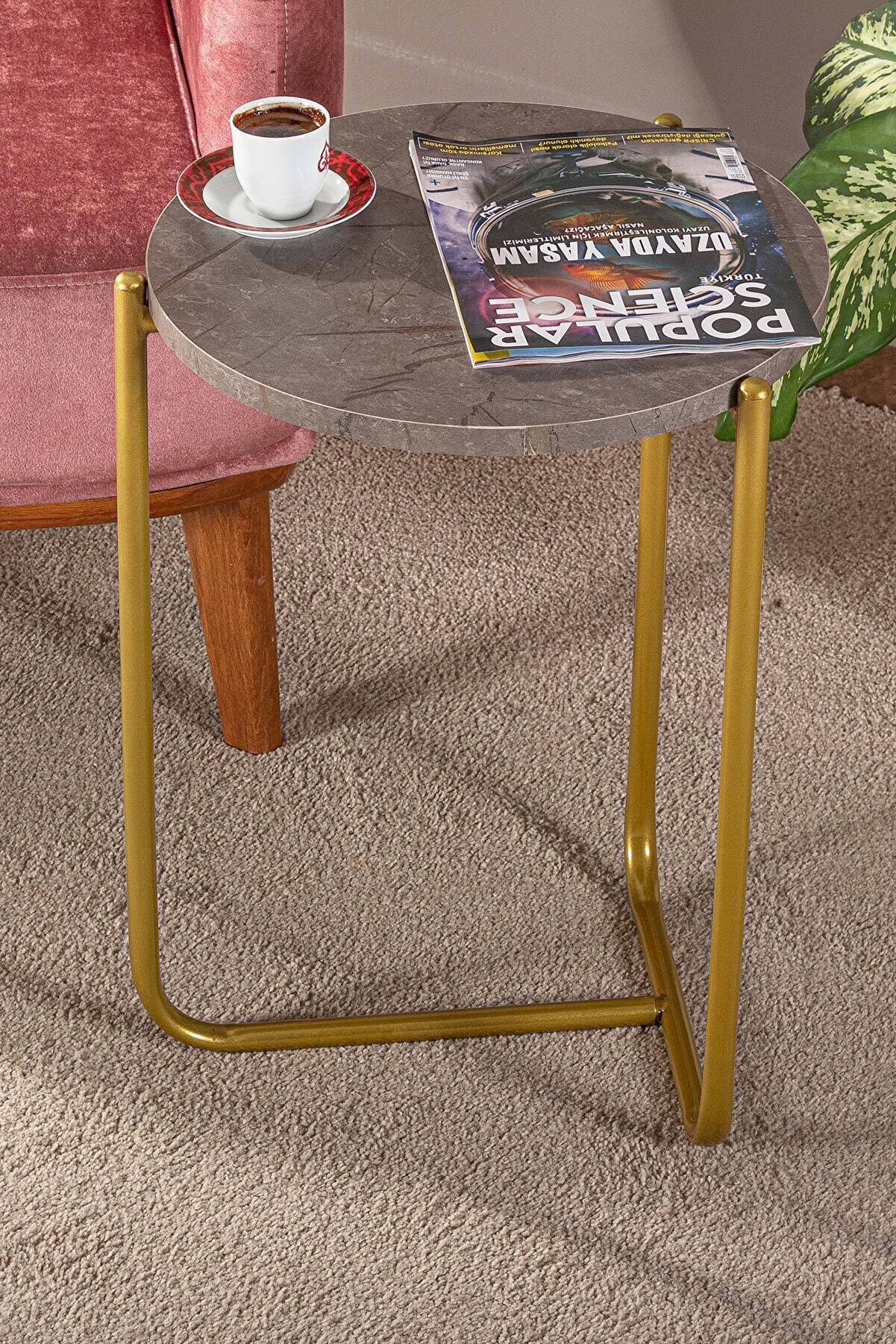 tino furniture Loren Gold Metal Yuvarlak Yan Sehpa Antrasit Mermer