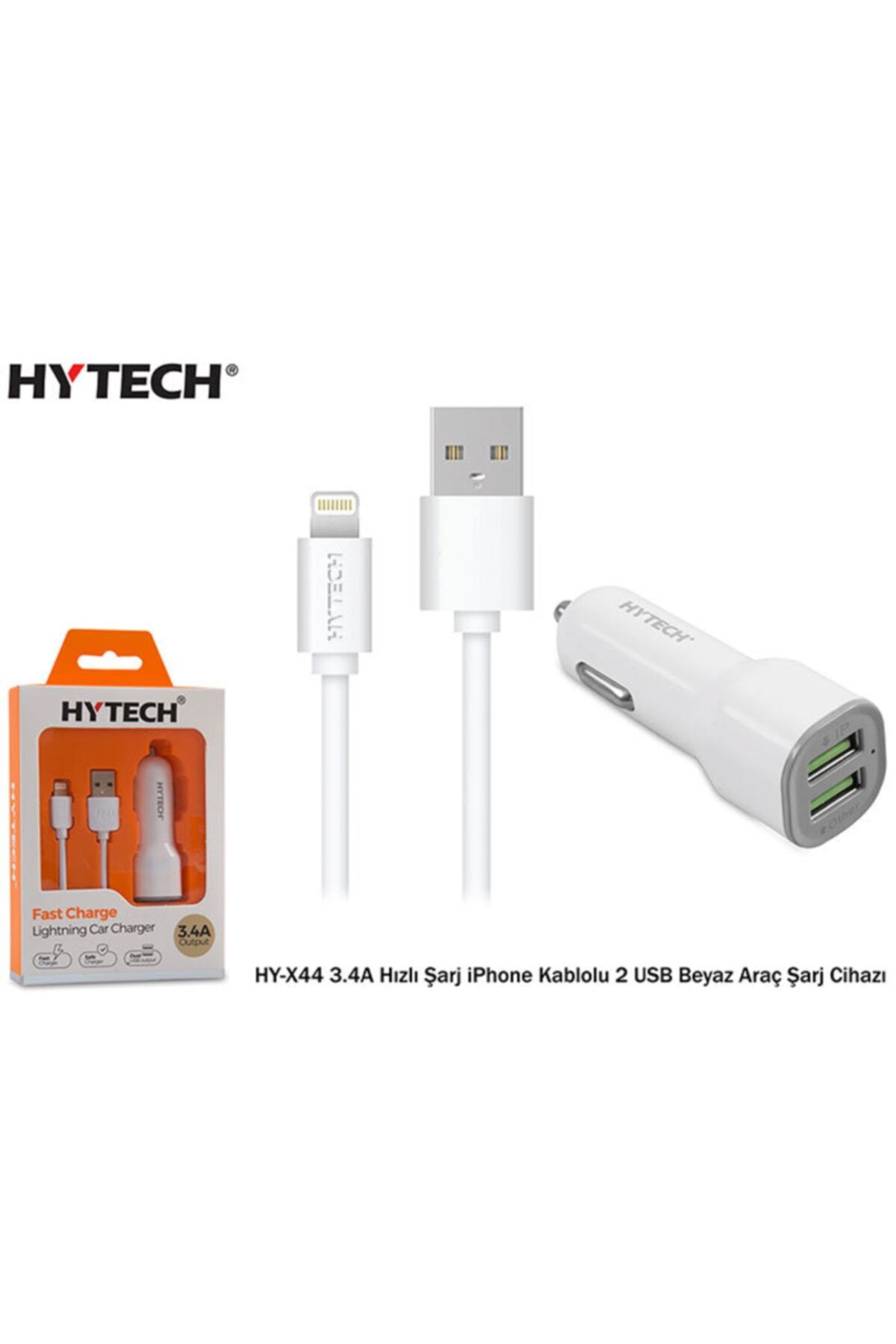 Hytech Hy-x44 3.4a Hızlı Şarj Iphone Uyumlu Lightning Kablolu 2 Usb Araç Şarj Cihazı