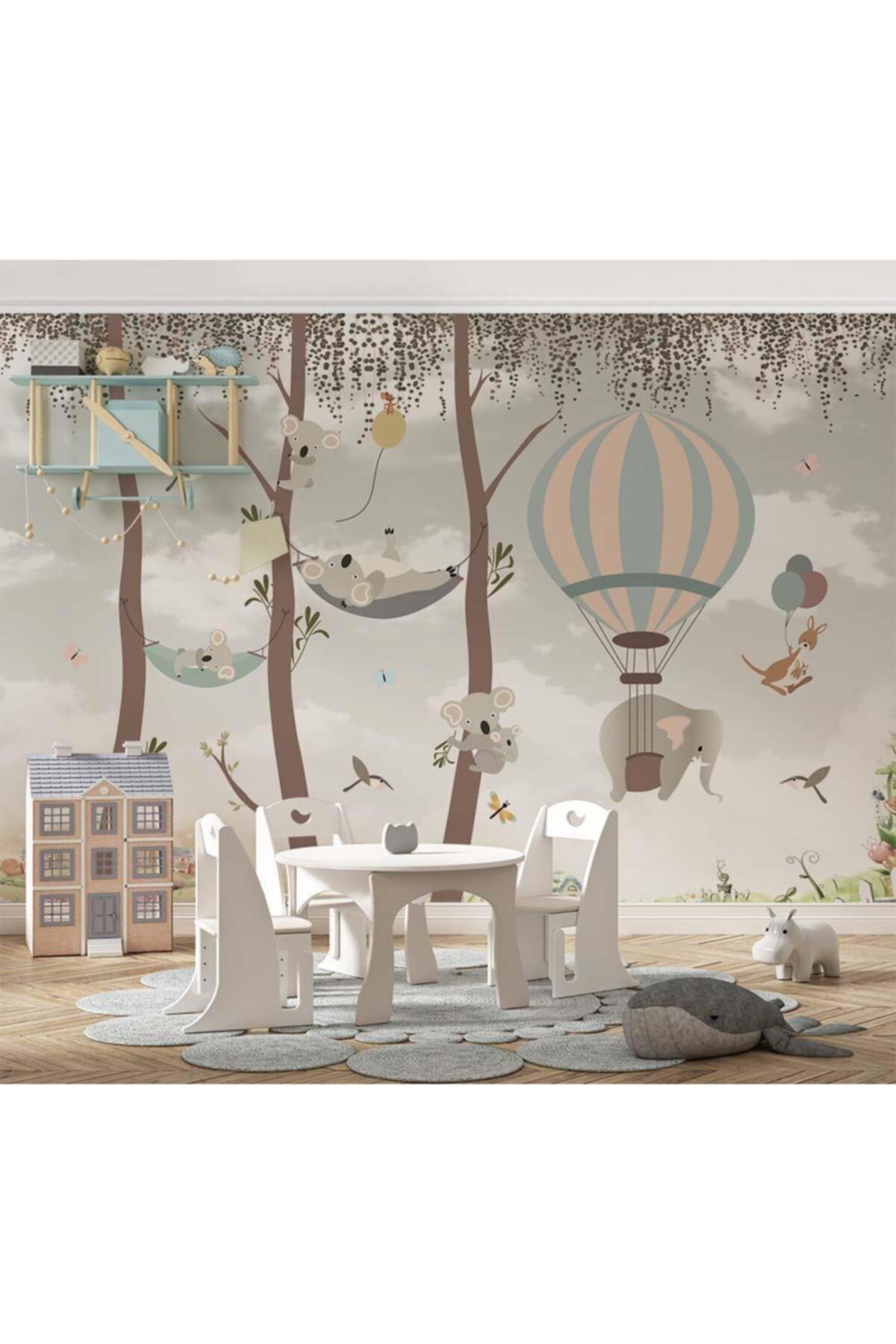 Özen Duvar Kağıtları Sevimli Koalalar Ve Uçan Balonlar Çocuk Odası Duvar Kağıdı