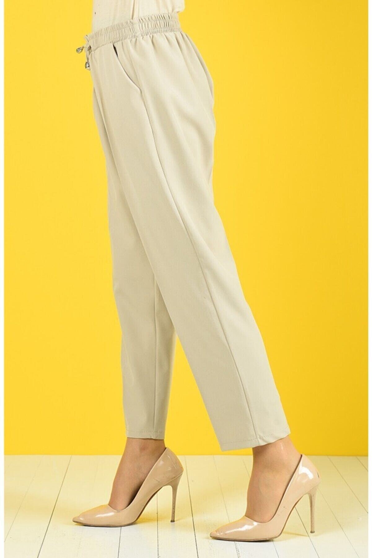 Essah Moda Kadın Ekru Lastikli Havuç Pantolon - Me000271