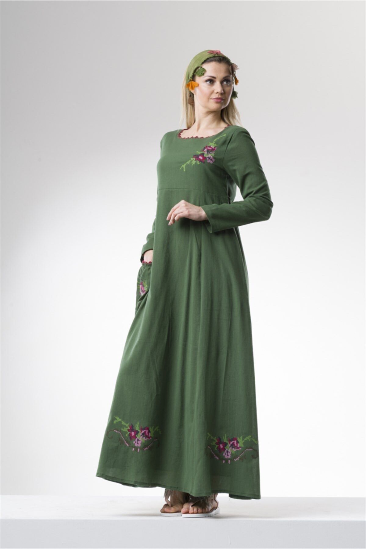 Eliş Şile Bezi Kadın Yeşil Uzun Kol Burçak Elbise