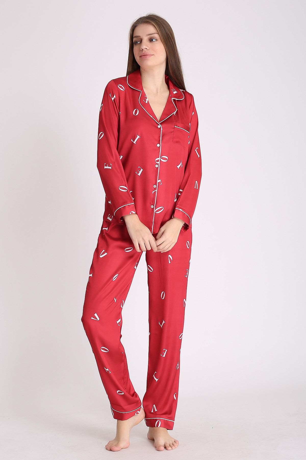 BESİMMA Kadın Kırmızı Love İpek Saten Pijama Takımı