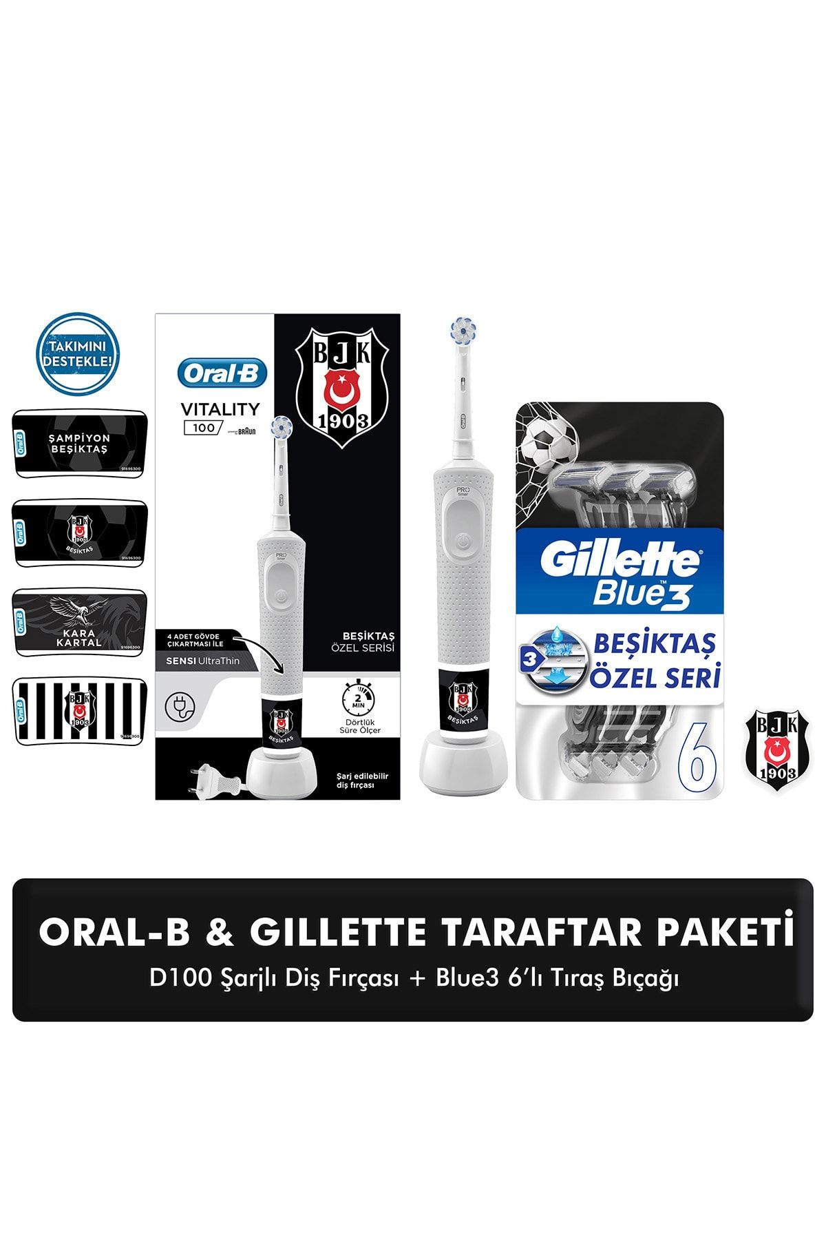 Oral-B D100 Şarjlı Fırça + Gillette Blue3 Beşiktaş Taraftar Paketi
