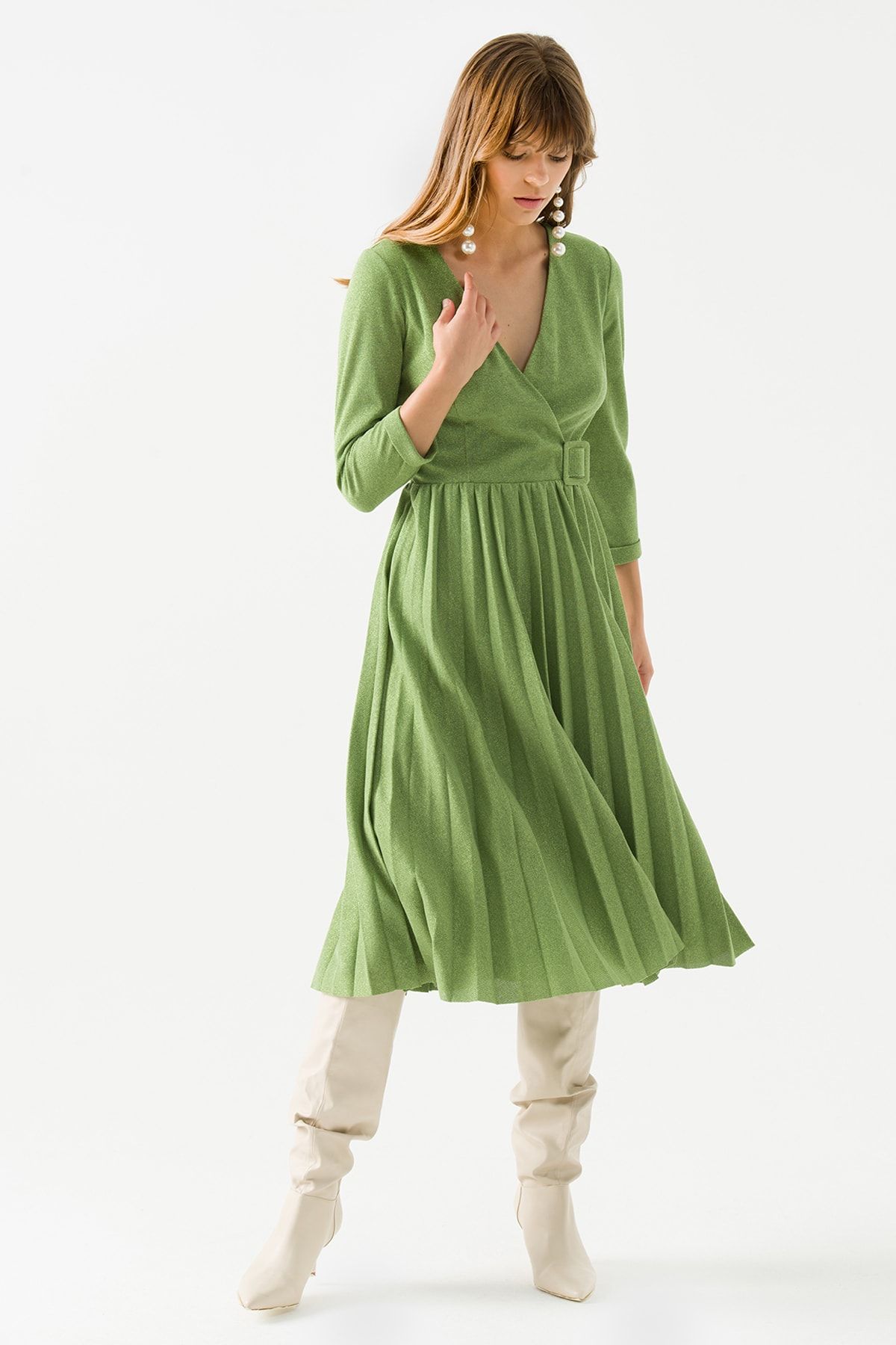 Jus De Pommes Kadın Yeşil Piliseli Simli Triko Elbise