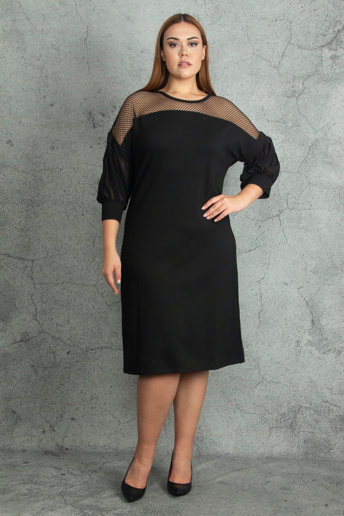Şans Kadın Büyük Beden Siyah Kolları Şifon File Detaylı Elbise 65n20094