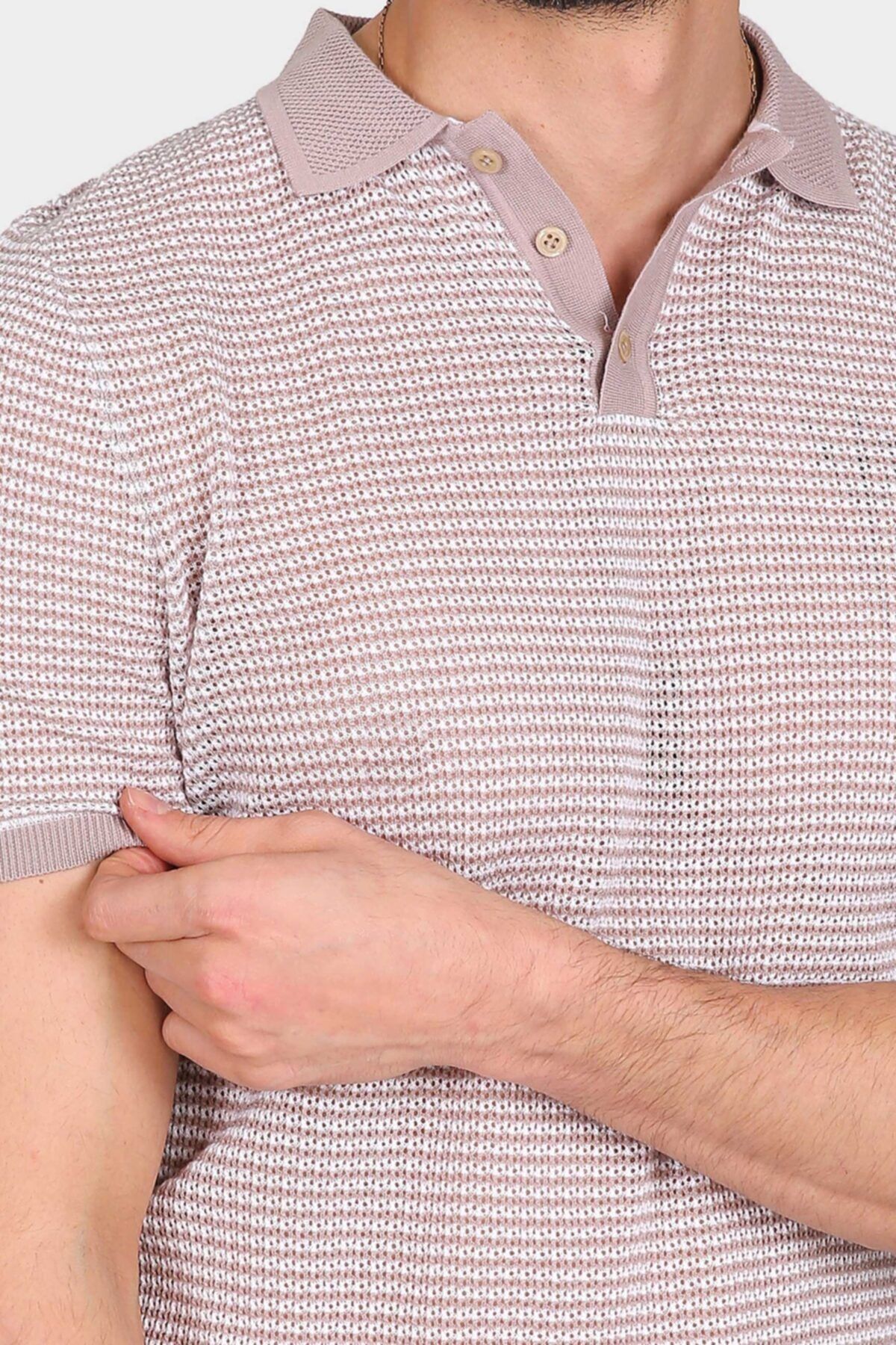 Ferraro Erkek Beyaz Çizgili Delikli Polo Yaka Düğmeli %100 Pamuk Triko T Shirt - Bej