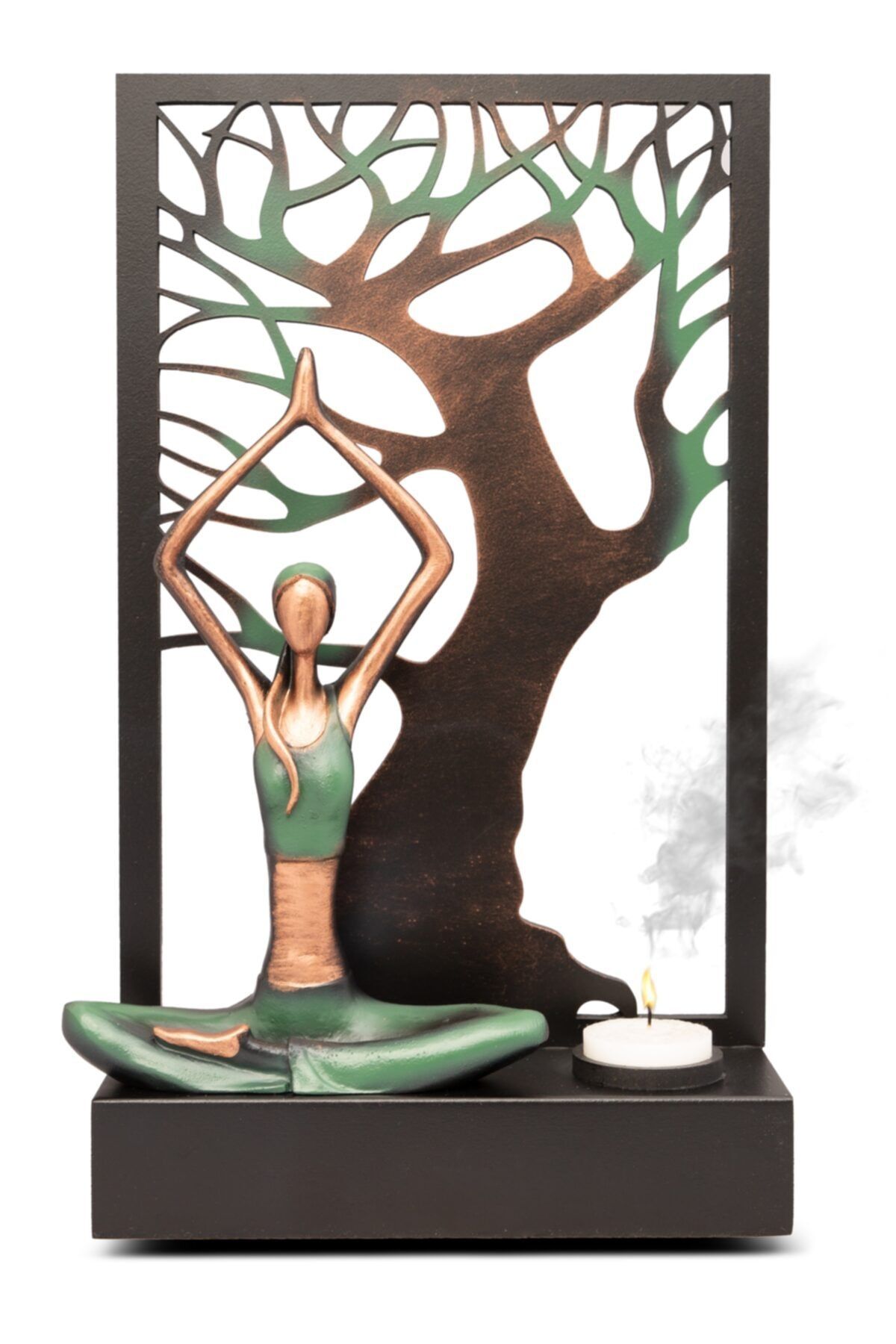 Gift Garden Dekoratif Yoga Yapan Kadın Eller Yukarıda Yaşam Ağaçlı Mumluk Yeşil