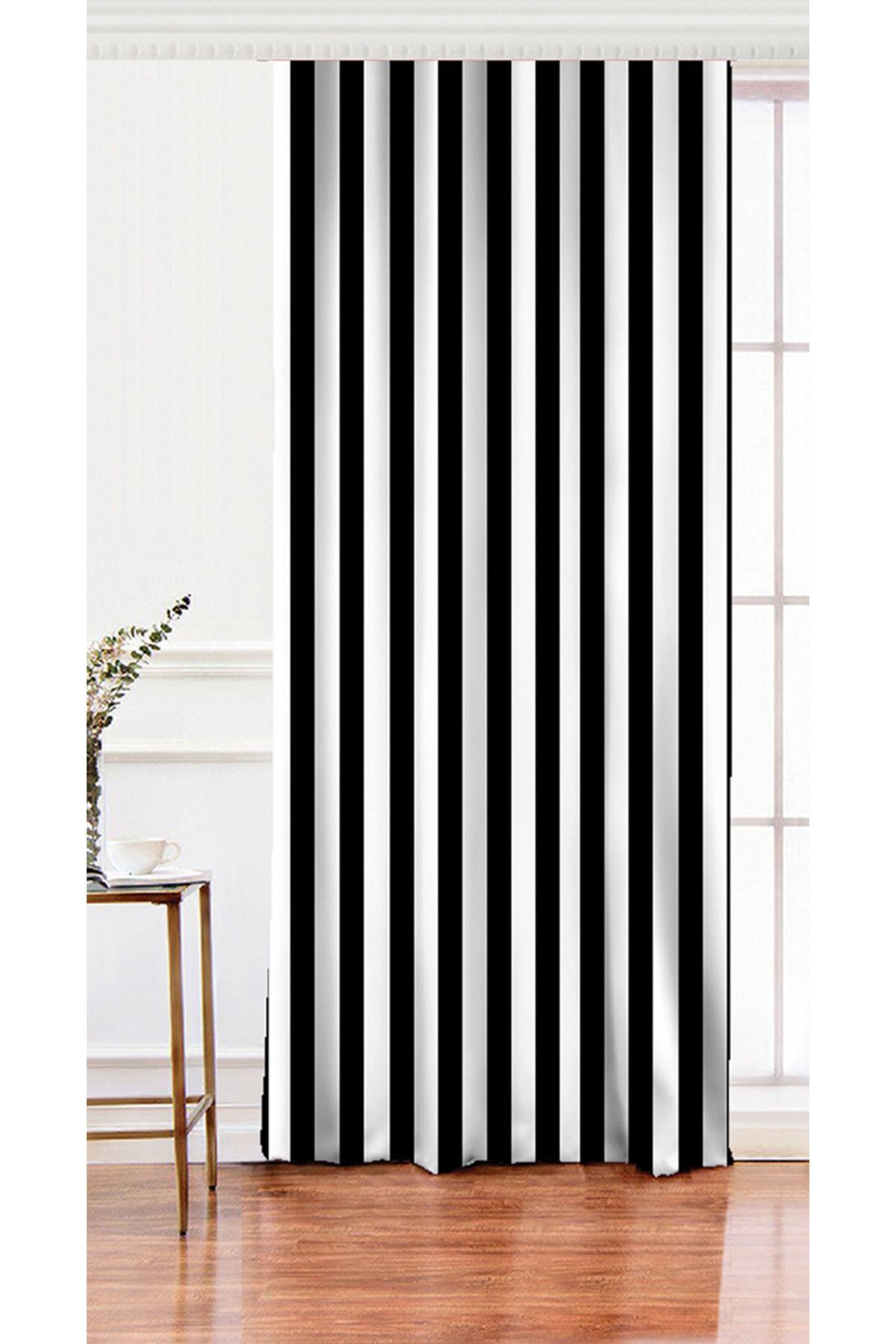 Realhomes Tek Kanat Siyah Beyaz Çizgili Dekoratif Salon Fon Perdesi