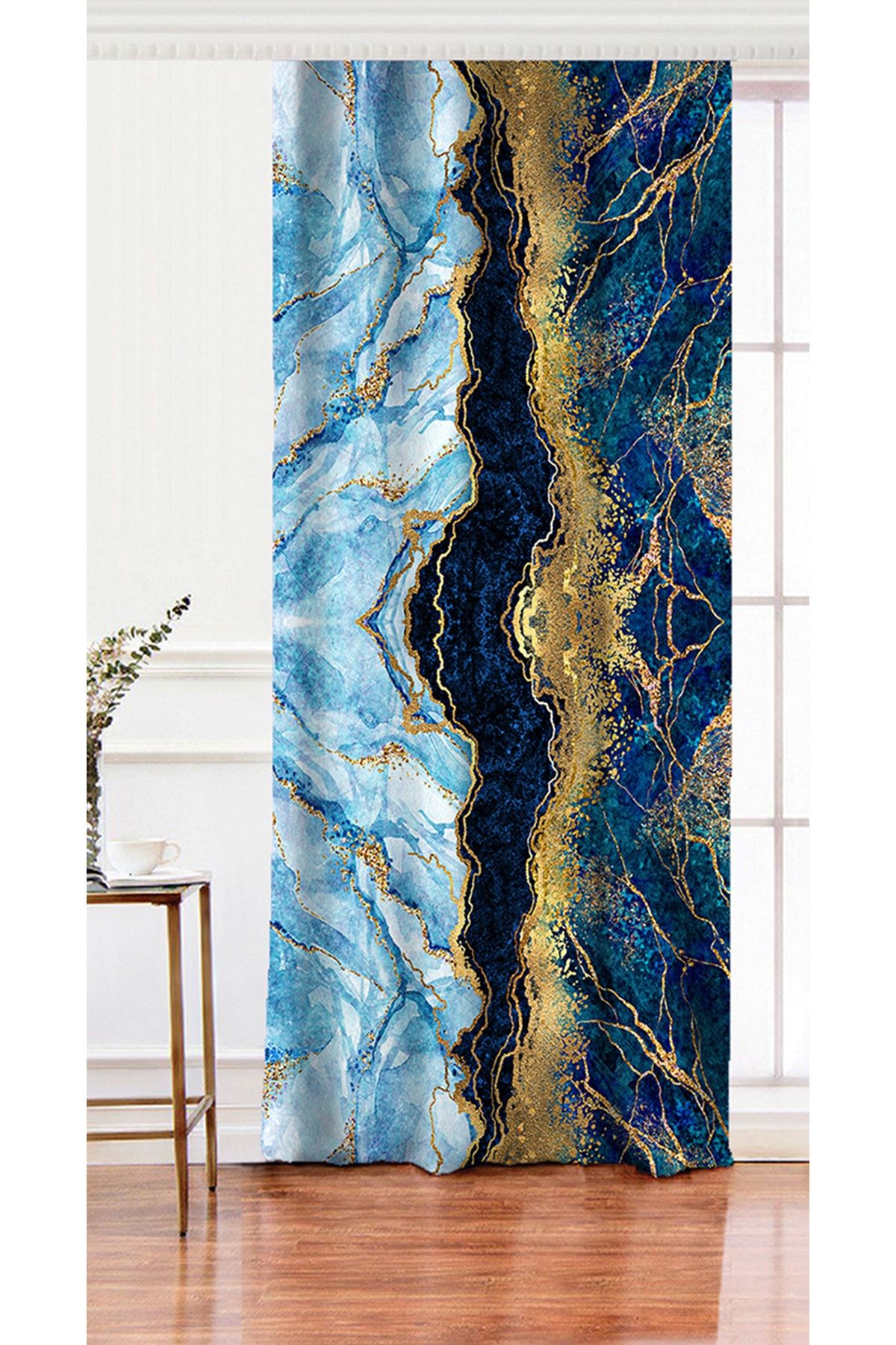 Realhomes Tek Kanat Altın Varaklı Mavi Zeminli Modern Salon Fon Perdesi