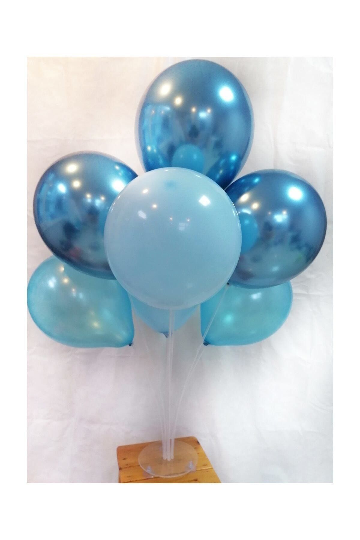 Parti Dolabı 2 Adet 7'li Balon Standı Ve 14 Adet Krom Mavi - Pastel Mavi - Metalik Mavi Balon Set
