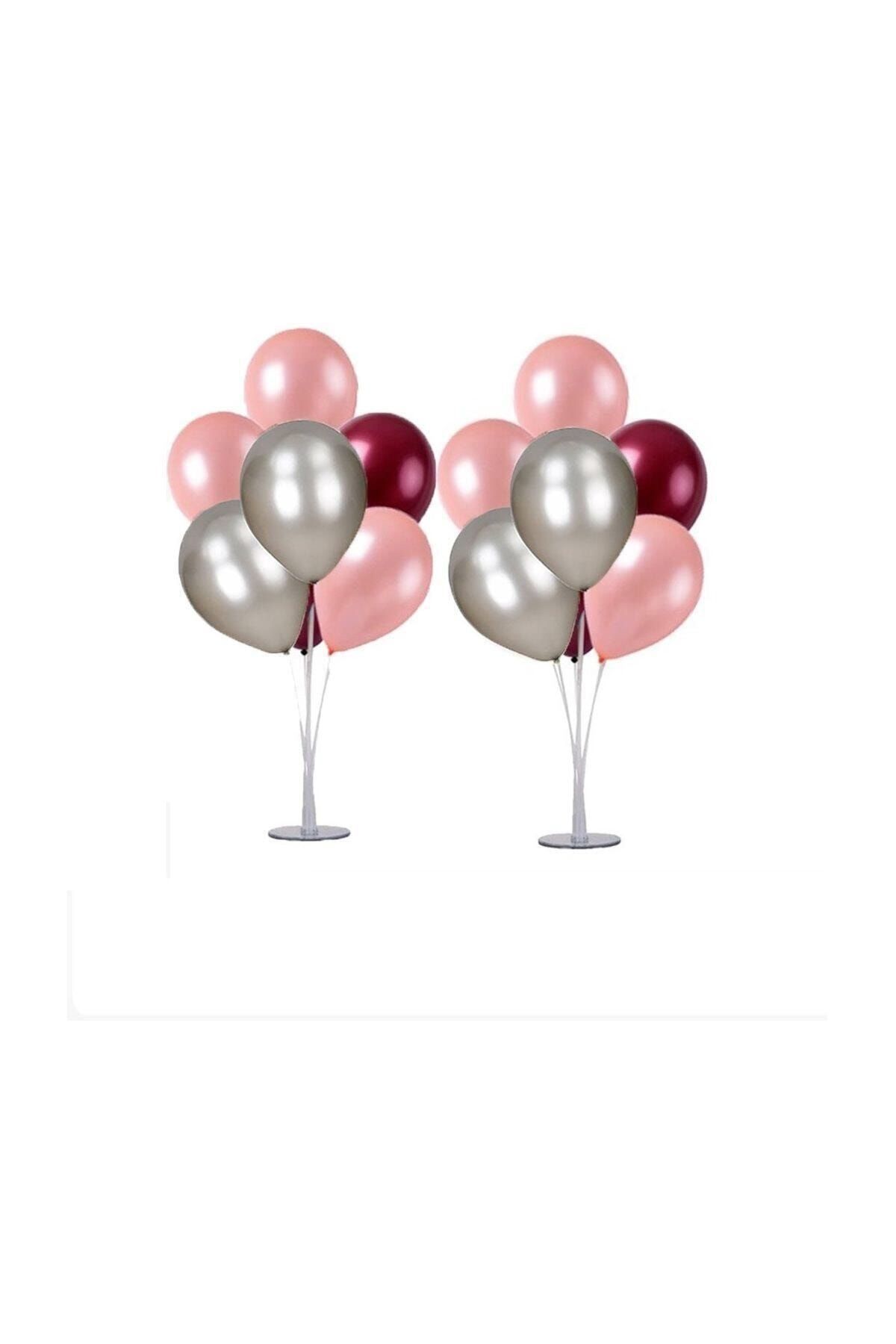 2 Adet 7'li Balon Standı Ve 14 Adet Rose Gold- Gümüş - Bordo Metalik Balon Set_0