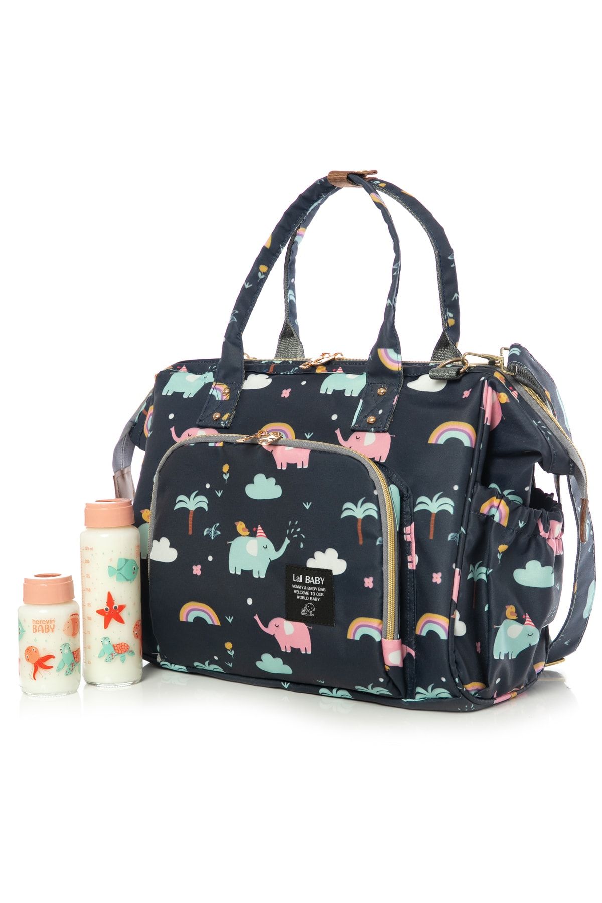 Lal Baby Baggage Bag Fil Desenli Lacivert Omuz Askılı Anne Bebek Bakım Çantası