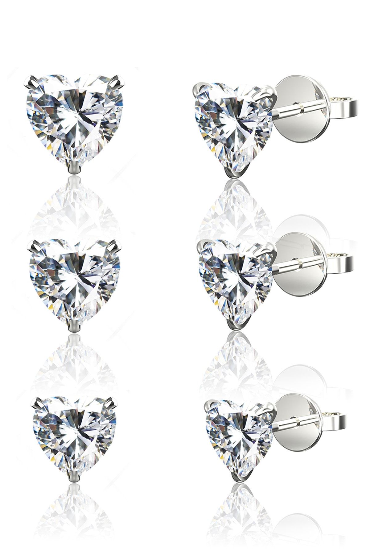 Jewelry For Light ,925 Ayar Gümüş, 3'lü Set, 4mm,5mm,6mm, Kalp Kesim, Tektaş, Zirkon, Pimli Küpe