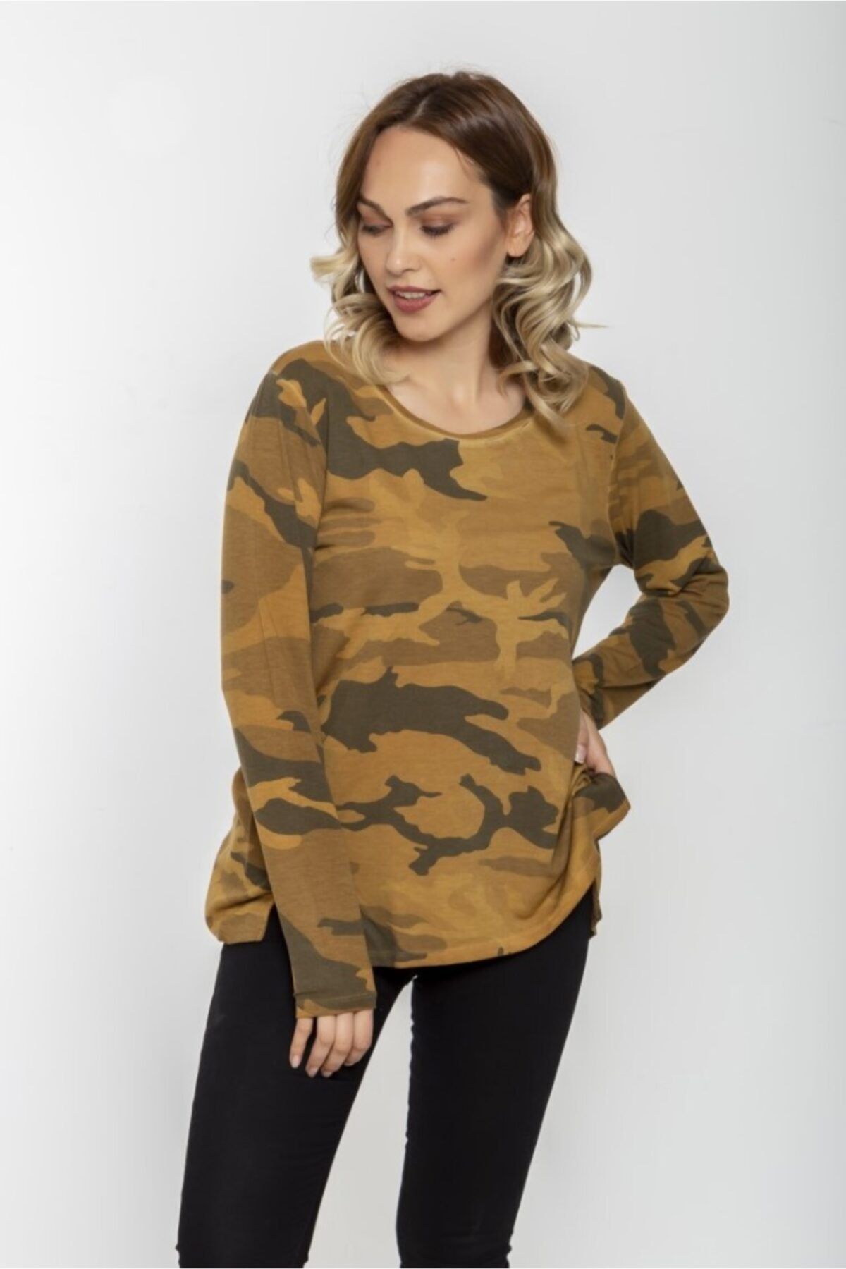 Seamoda Kadın Hardal Kamuflaj Desen Yağ Yıkama Yırtmaçlı Sweatshirt