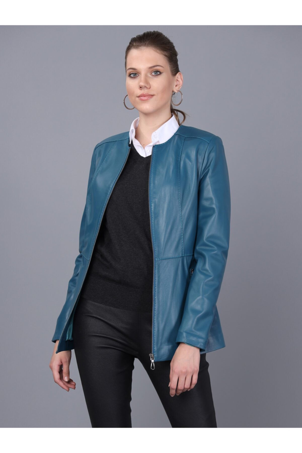 Basics&More Kadın Petrol Mavi Deri Ceket Bm03