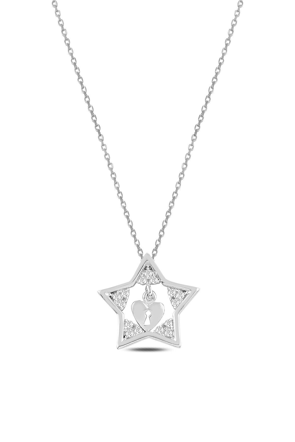 Molenza Kadın Beyaz Yıldız Model Kalp Motifli Gümüş Kolye