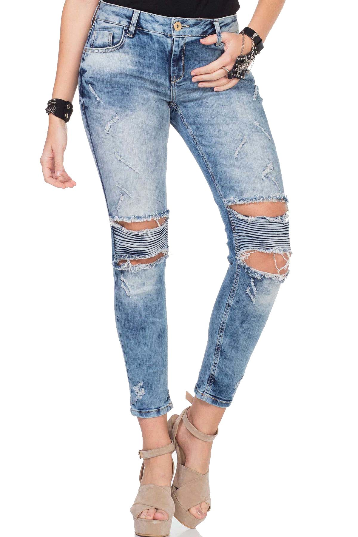 Cipo&Baxx Kadın Mavi Dizi Yırtık Yıpranmış Nervürlü Jeans