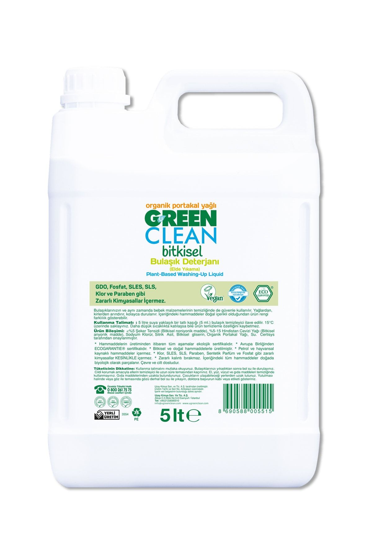 U Green Clean Bitkisel Bulaşık Deterjanı Organik Portakal Yağlı 5 Lt