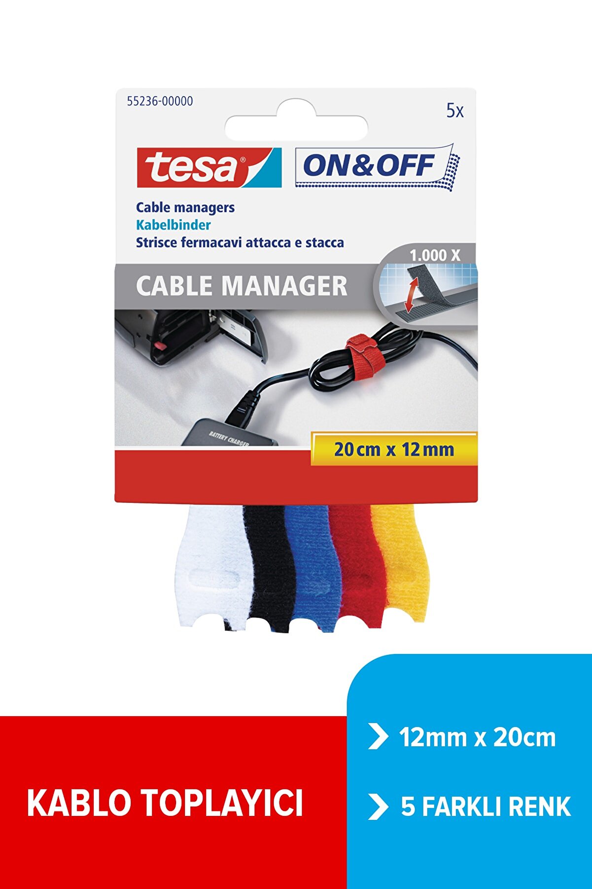 Tesa On & Off Cırt Bant Kablo Toplayıcı, 12mmx20cm, 5 farklı renk: Beyaz, siyah, mavi, kırmızı, sarı