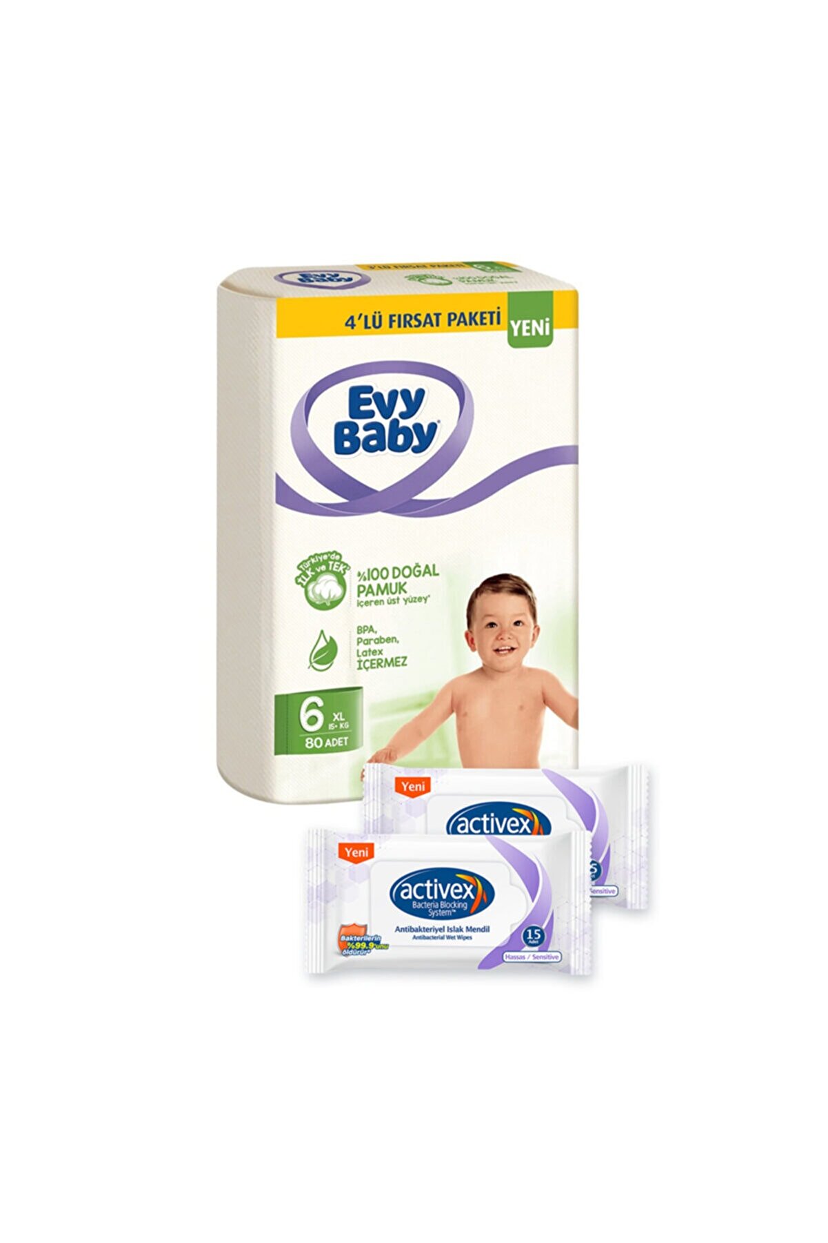 Evy Baby Bebek Bezi 6 Beden Xl 4'lü Fırsat Paketi 80 Adet Ve Activex Hassas Islak Mendil 2x15