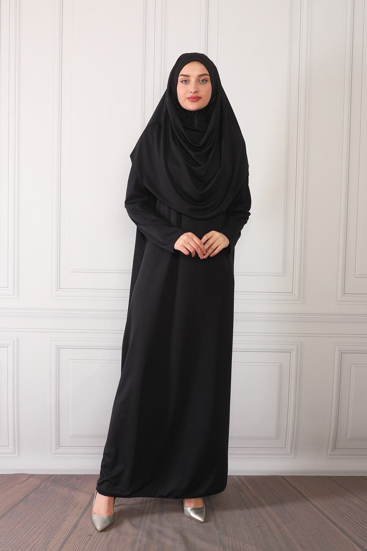 Renda Moda Kadın Siyah Tek Parça Boydan Giymeli Namaz Elbisesi