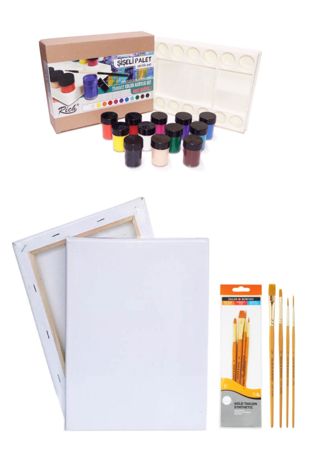 GLANCE Rich Şişeli Palet 25 Ml X 12'li Akrilik Set 35x50 Tuval Daller Rowney 4'lü Fırça Seti