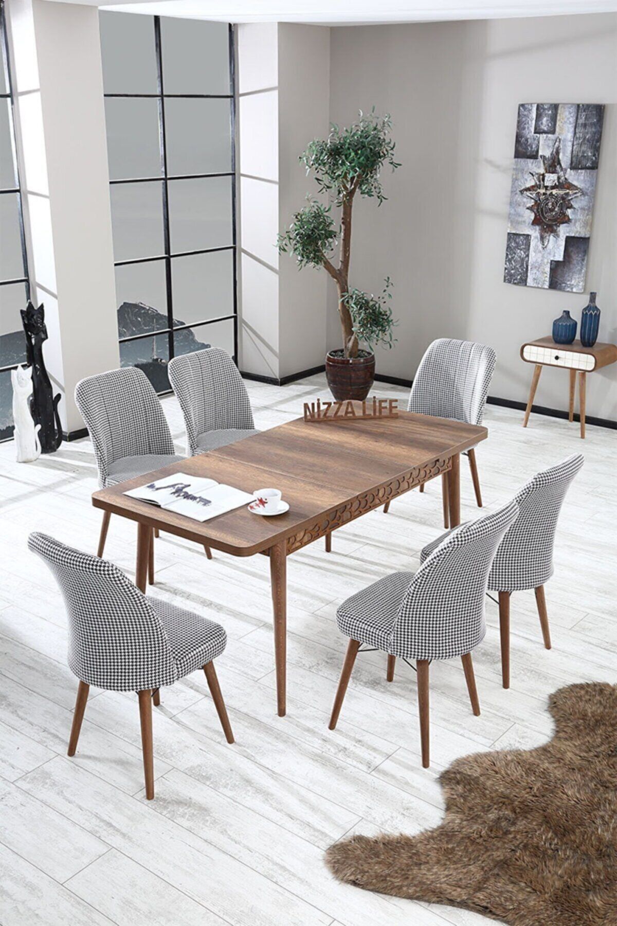 Alıcıoğlu Avm Barok Ceviz Yemek Masası Mutfak Masası Açılır Masa Takımı 6 Sandalyeli - Siyah Beyaz Dama