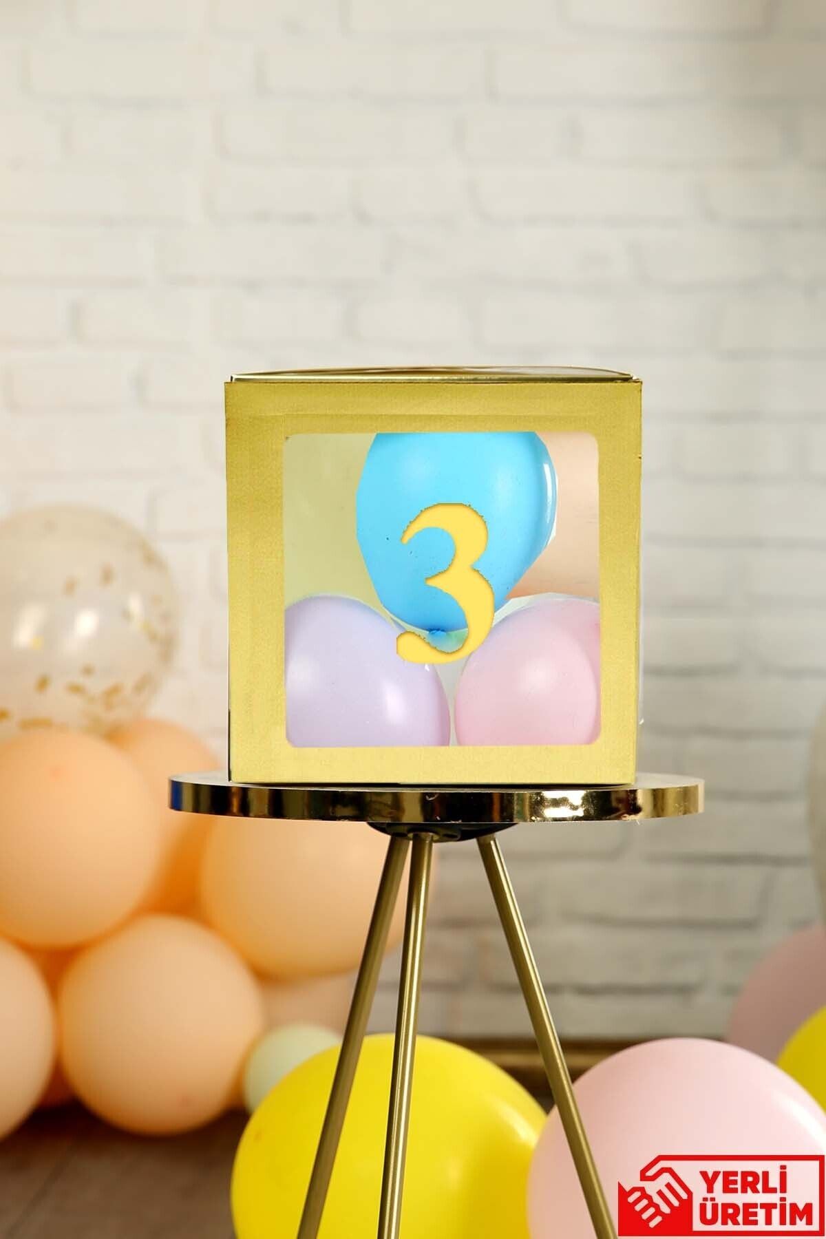 Patladı Gitti 3 Rakamlı Gold Şeffaf Büyük Boy 25*25 cm Balon Kutusu Kendin Yap Doğum Günü Parti Kutlama Seti