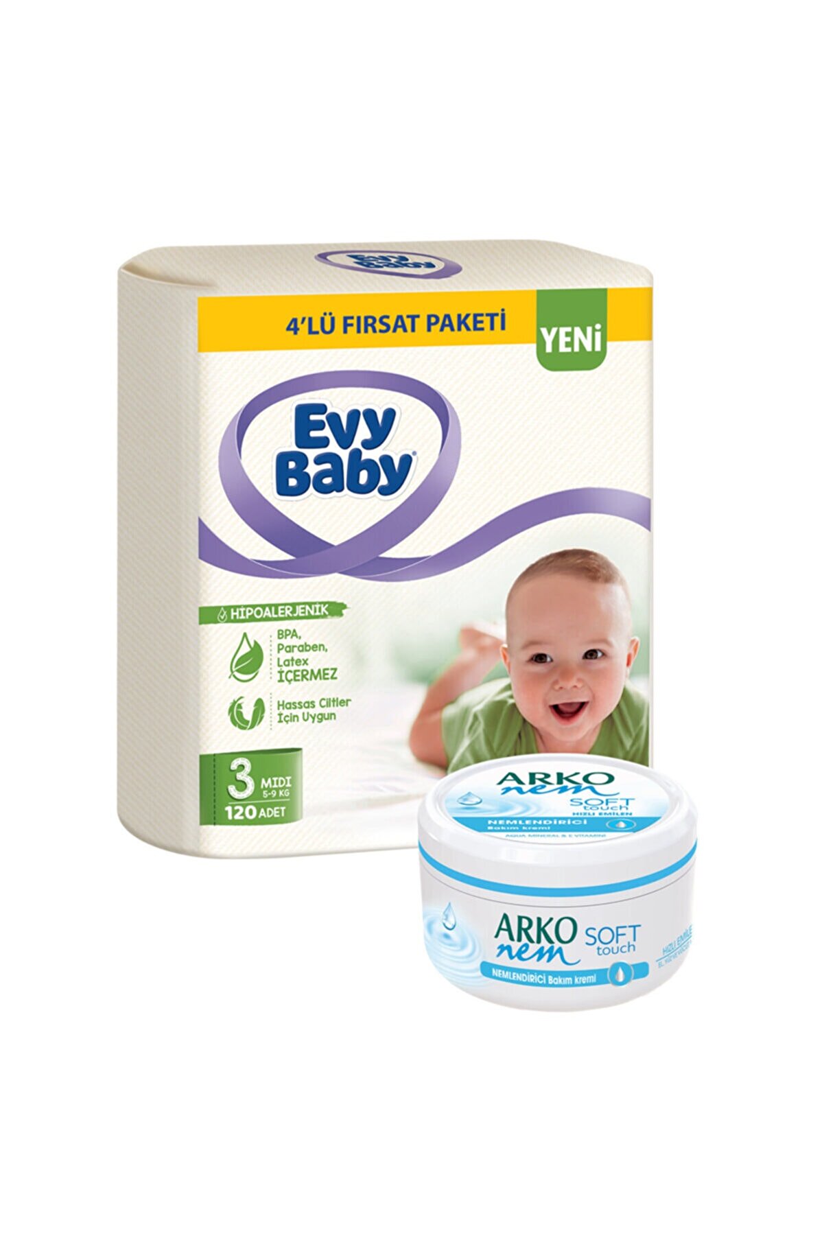 Evy Baby Bebek Bezi 3 Beden Midi 4'lü Fırsat Paketi 120 Adet+Soft Touch Krem Hediyeli