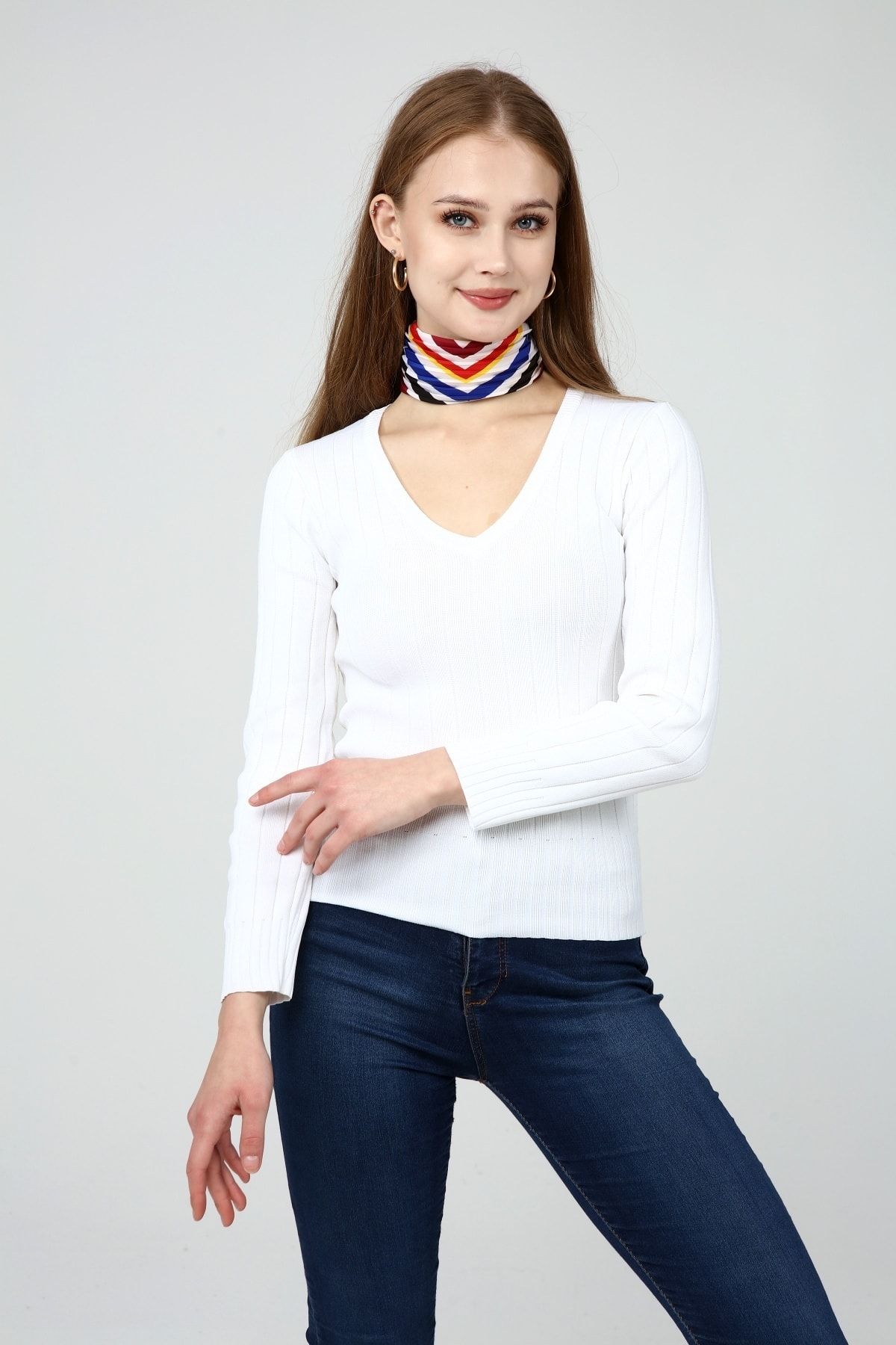 Luna Carina Kadın Beyaz V Yaka Triko Bluz Kazak
