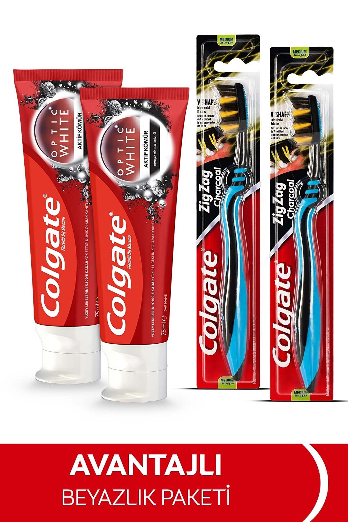 Colgate Optic White Beyazlatıcı Diş Macunu 75 ml X2 Adet Zigzag Charcoal Orta Diş Fırçası X2 Adet