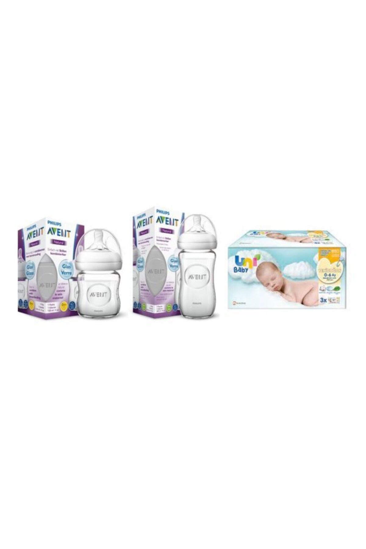 Philips Avent Avent Yenidoğan Cam Biberon Seti + 3'lü Uni Yenidoğan Islak Mendil