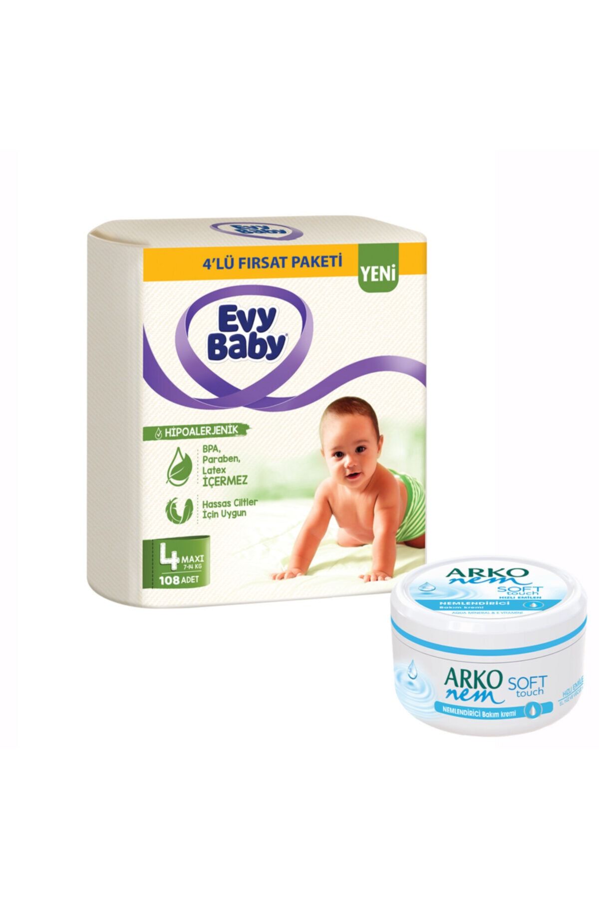 Evy Baby Bebek Bezi 4 Beden Maxi 4'lü Fırsat Paketi 108 Adet+Soft Touch Krem