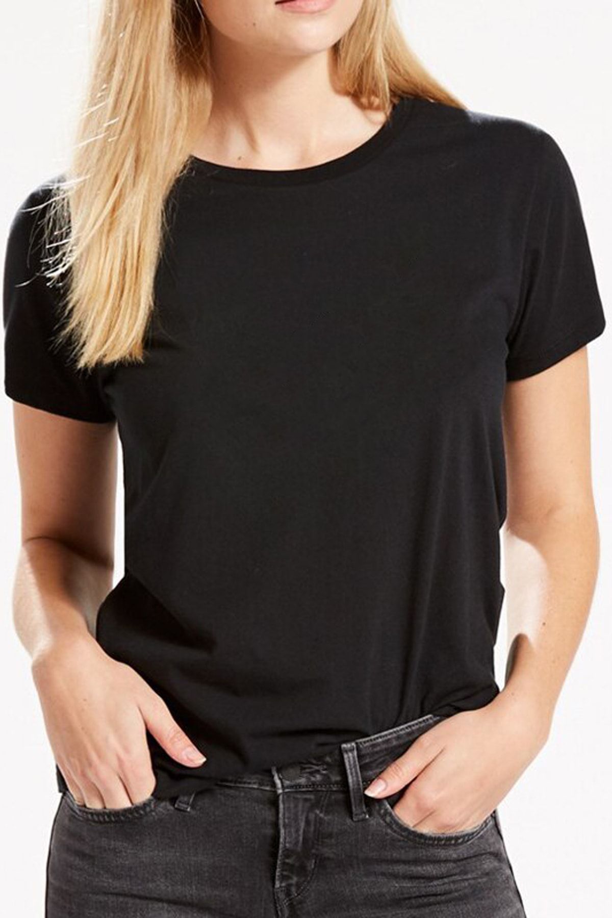 QIVI Baskısız Düz Sade Siyah Kadın Örme Tshirt T-shirt Tişört T Shirt