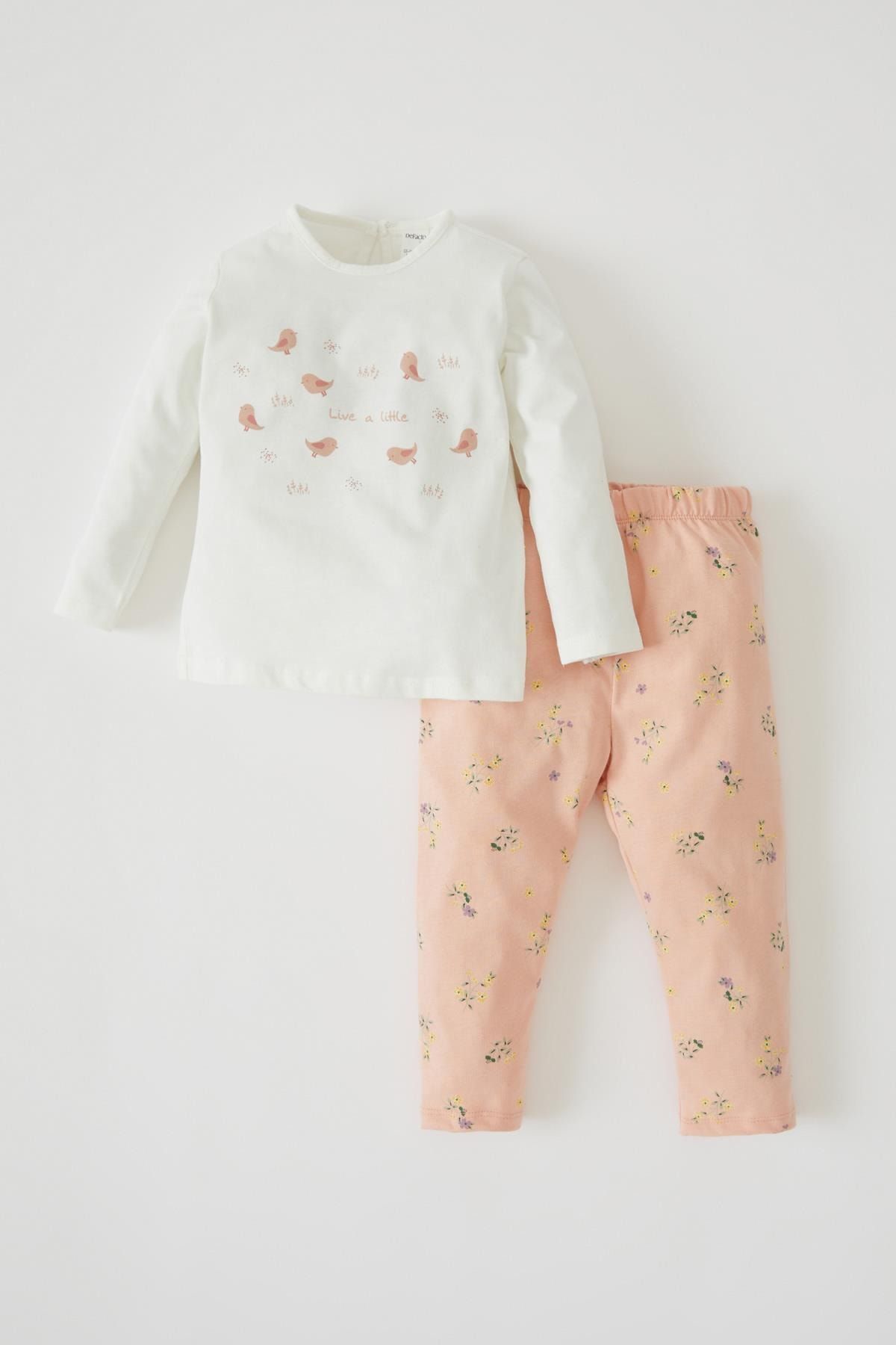 Defacto Kız Bebek Kuş Desenli Uzun Kollu Pamuklu Pijama Takım