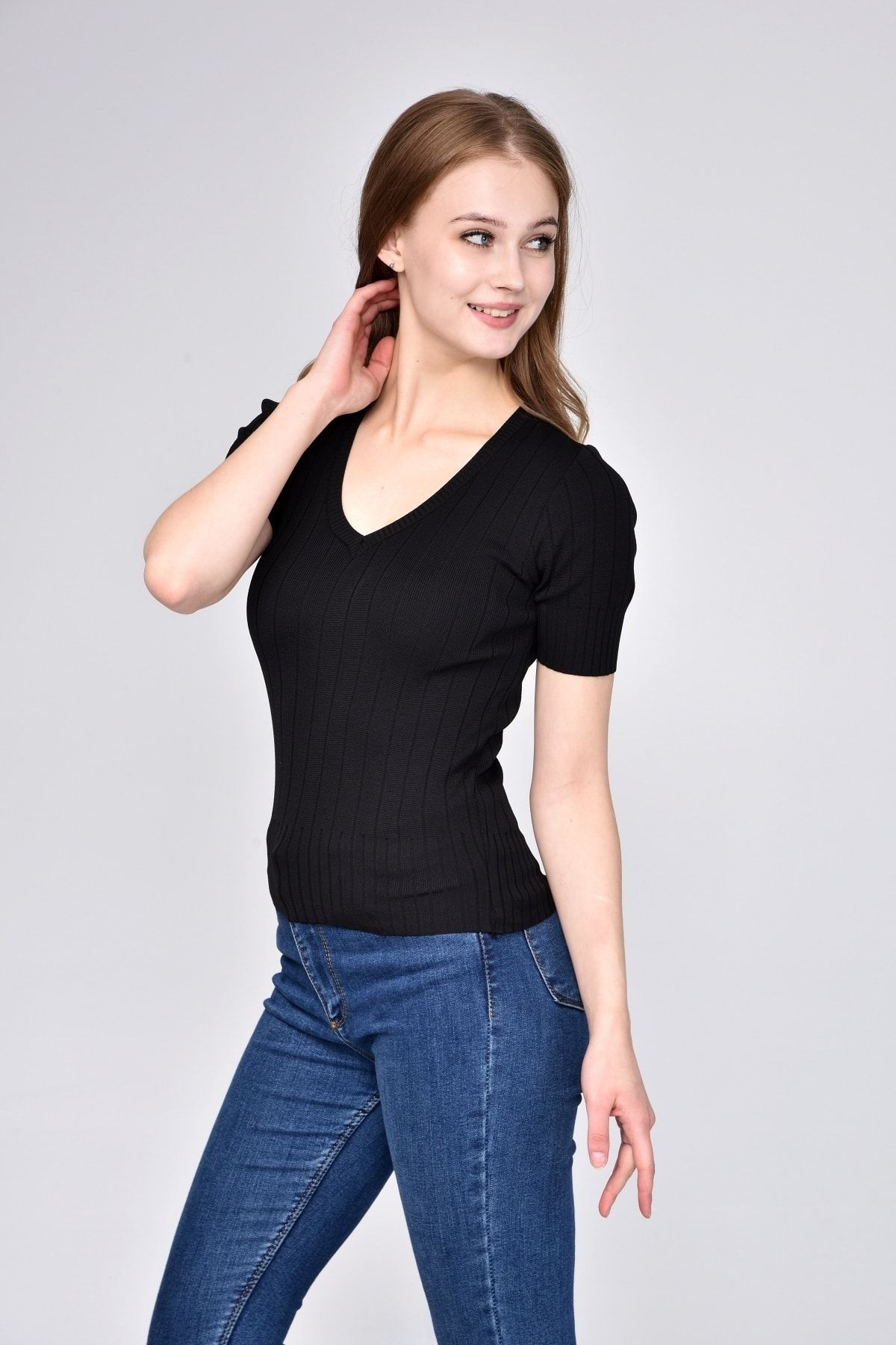 Luna Carina Kadın Siyah V Yaka Yazlık Triko Bluz T-shirt