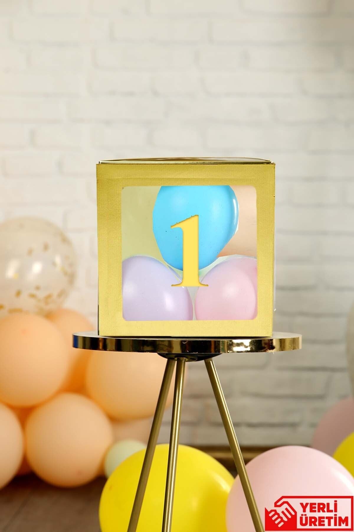 Patladı Gitti 1 Rakamlı Gold Şeffaf Büyük Boy  Balon Kutusu Kendin Yap Doğum Günü Parti Kutlama Seti 25*25 Cm