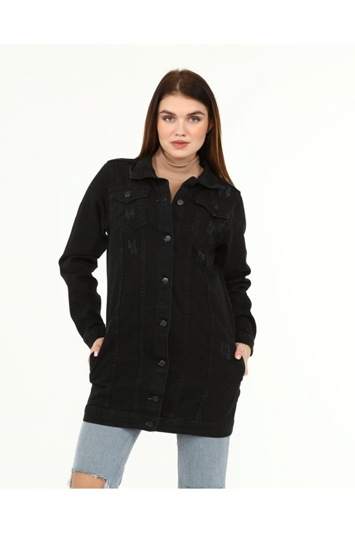 lurex moda Yıpratmallı Oversize Kot Ceket Black