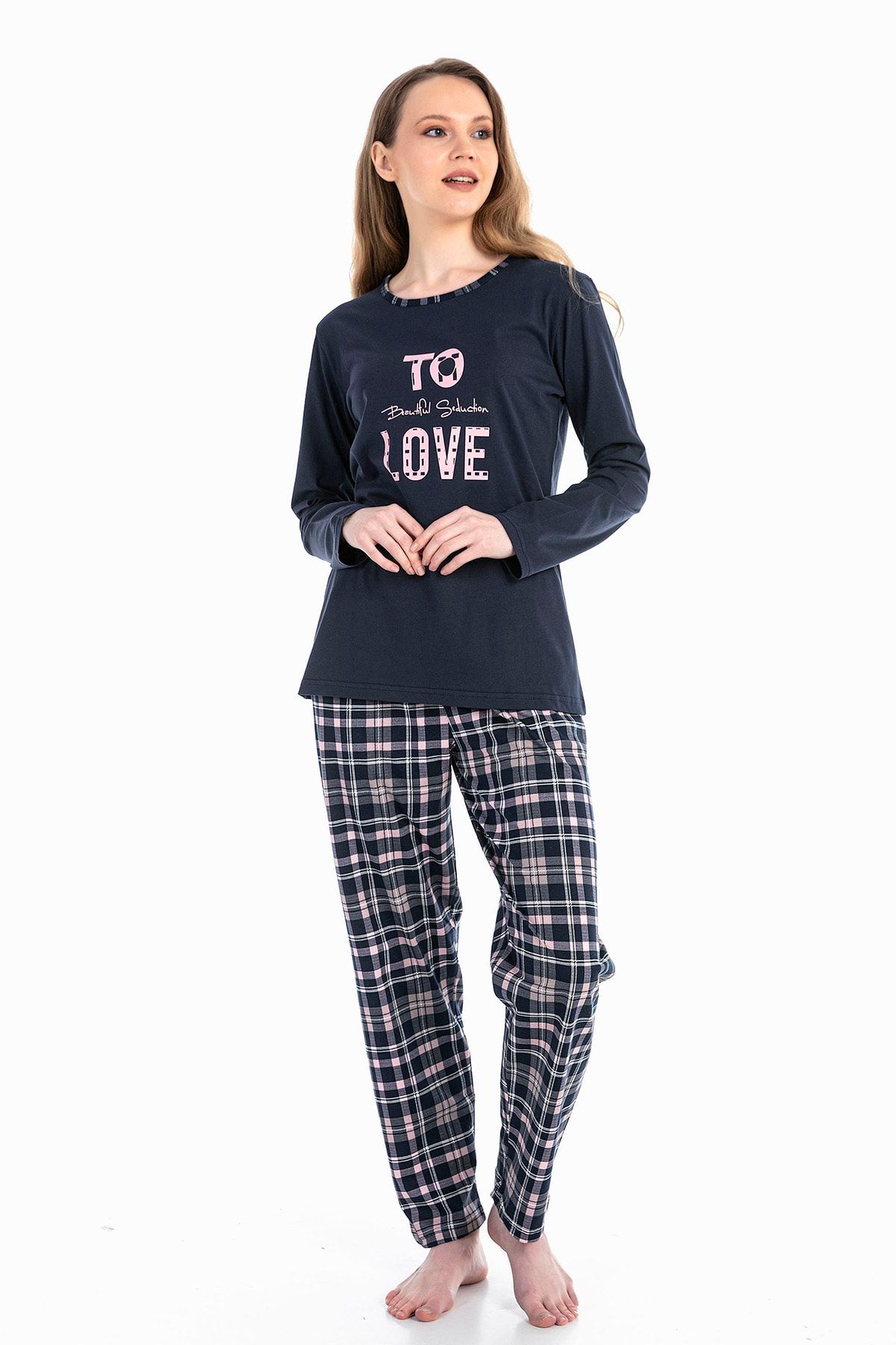 VISHENKA Kadın Love Yazı Baskılı %100 Pamuk Lacivert Renk Pijama Takımı