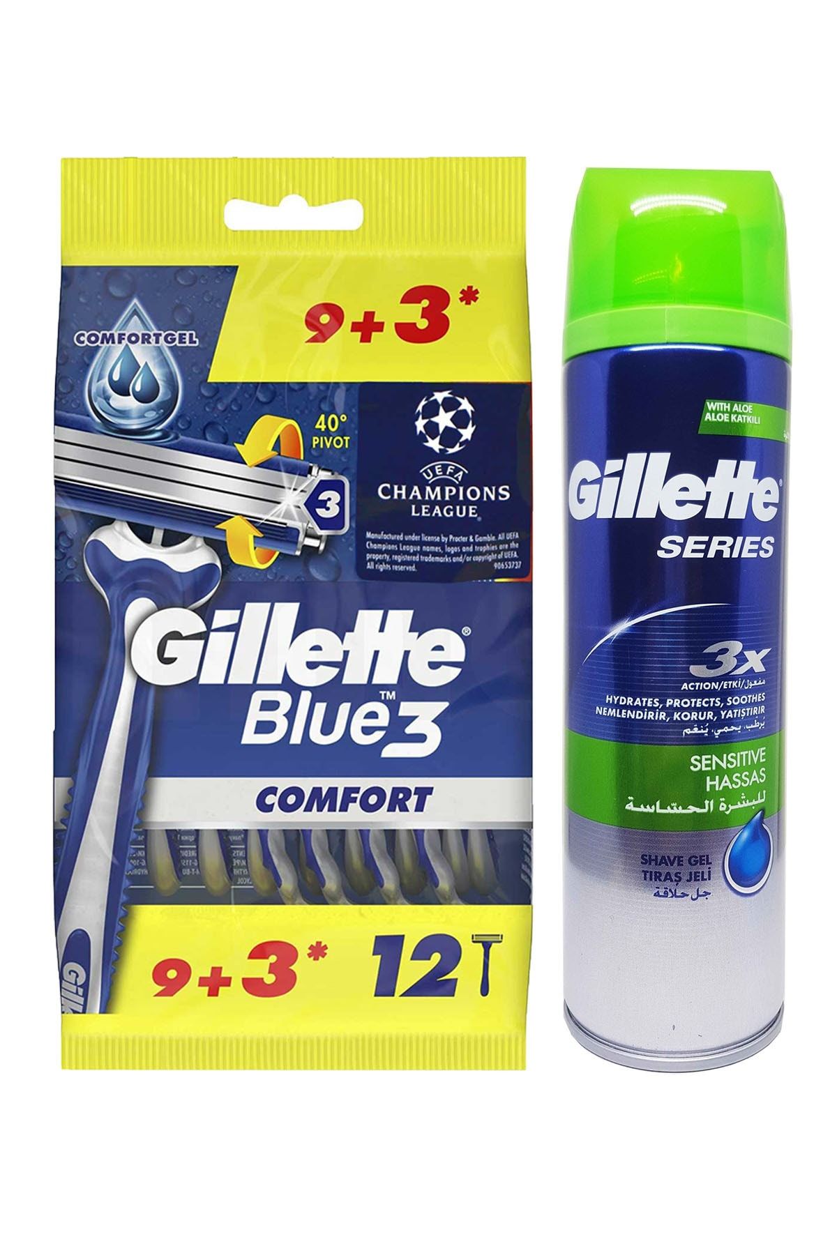 Gillette Blue 3 Tıraş Bıçağı 9+3 + Series 200 Ml Tıraş Jeli Hassas