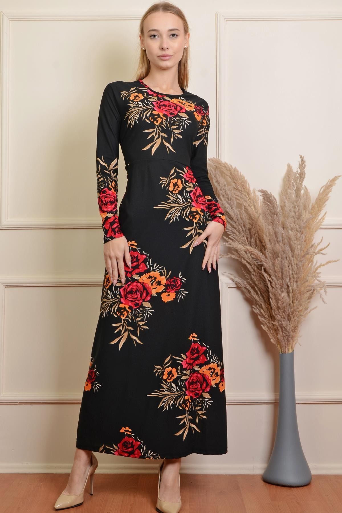 PİNKMARK Pınkmark Kadın Siyah Çiçek Baskılı Beli Kemerli Tesettür Elbise Rpmel24092
