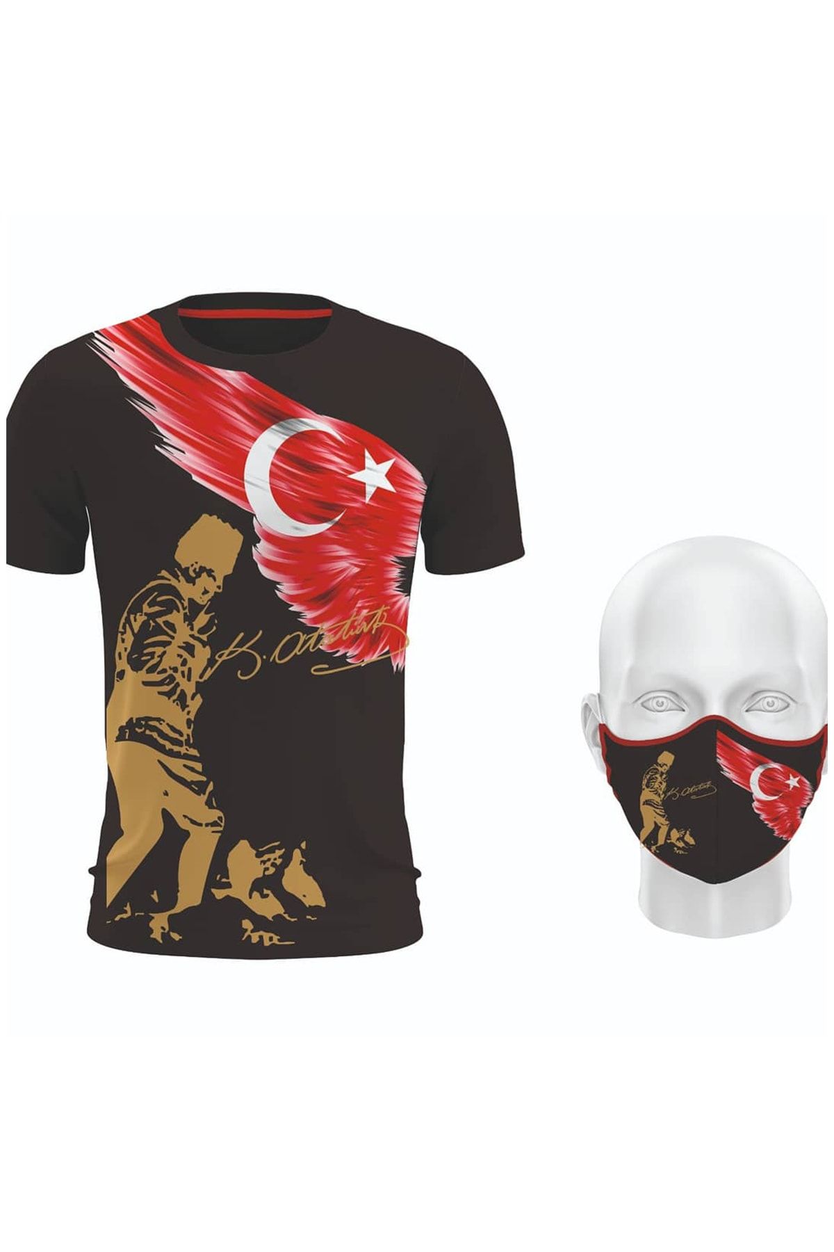 Hediyexpres Cumhuriyet Bayramı'na Özel Mustafa Kemal Atatürk Ve Türk Bayrağı Baskılı Siyah T-shirt Ve Maske