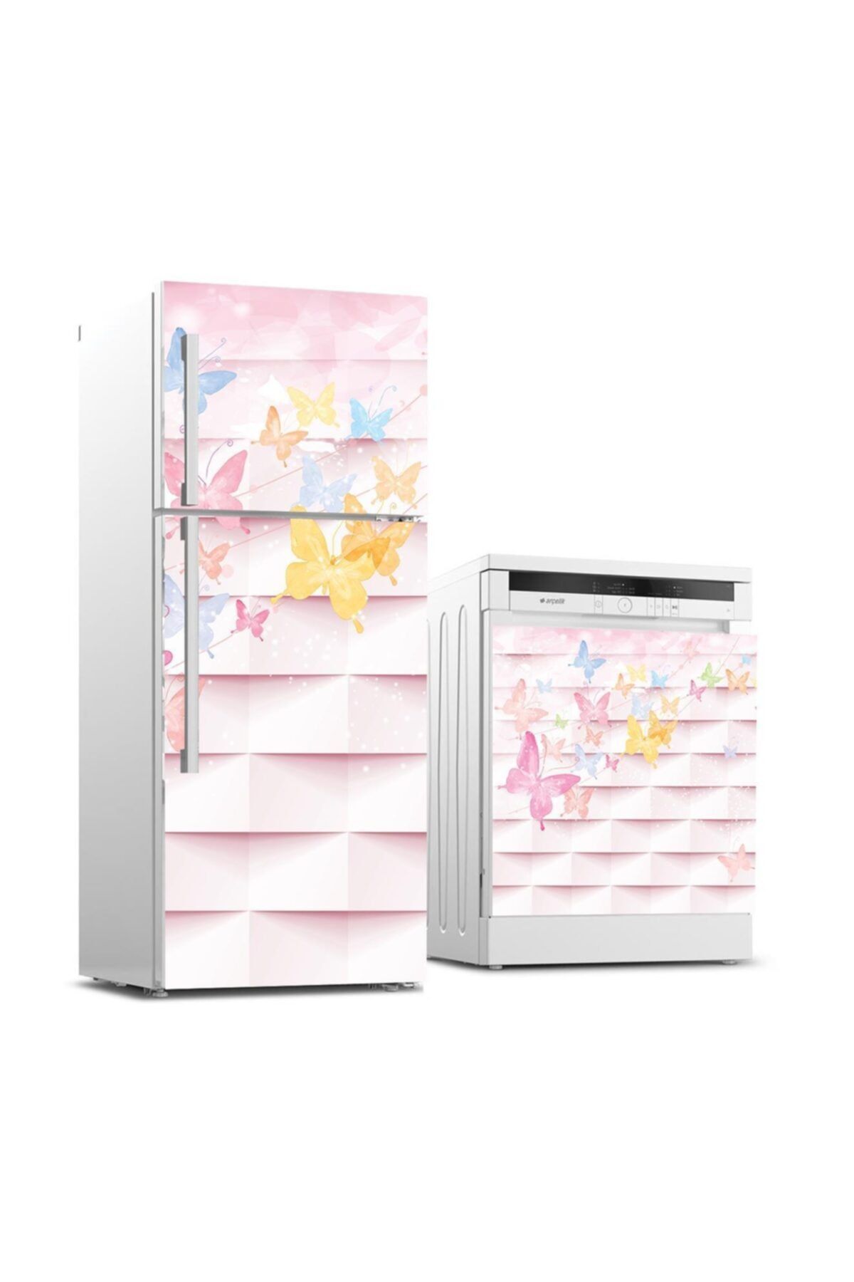 StickerArt Buzdolabı Ve Bulaşık Makinası Beyaz Eşya Sticker Kaplama Renkli Kelebek