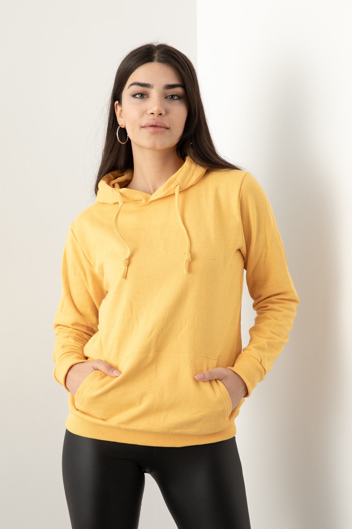 GİYSA Kadın İki İplik Kapüşonlu Kanguru Cep Sarı Sweatshirt