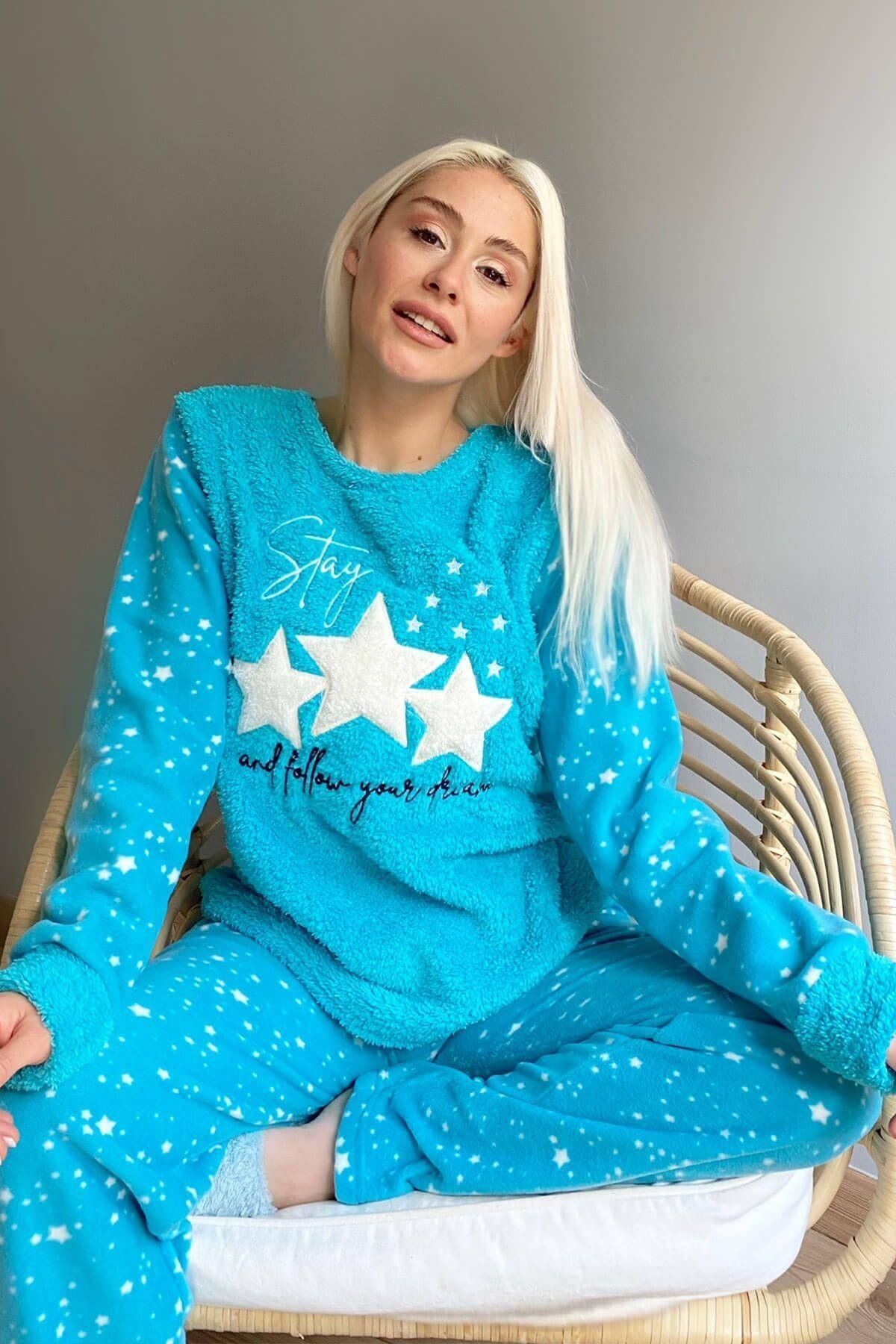 Pijamaevi Turkuaz Feel Stars Queen Desenli Kadın Peluş Pijama Takımı